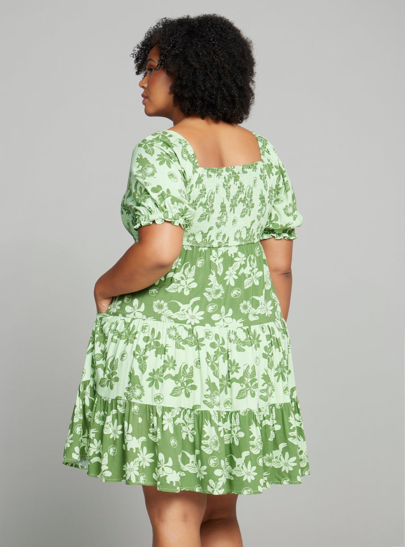 Jurassic Park Floral Dinosaur Allover Print Plus Size Smock Dress - BoxLunch Exclusive, GREEK OLIVE, alternate