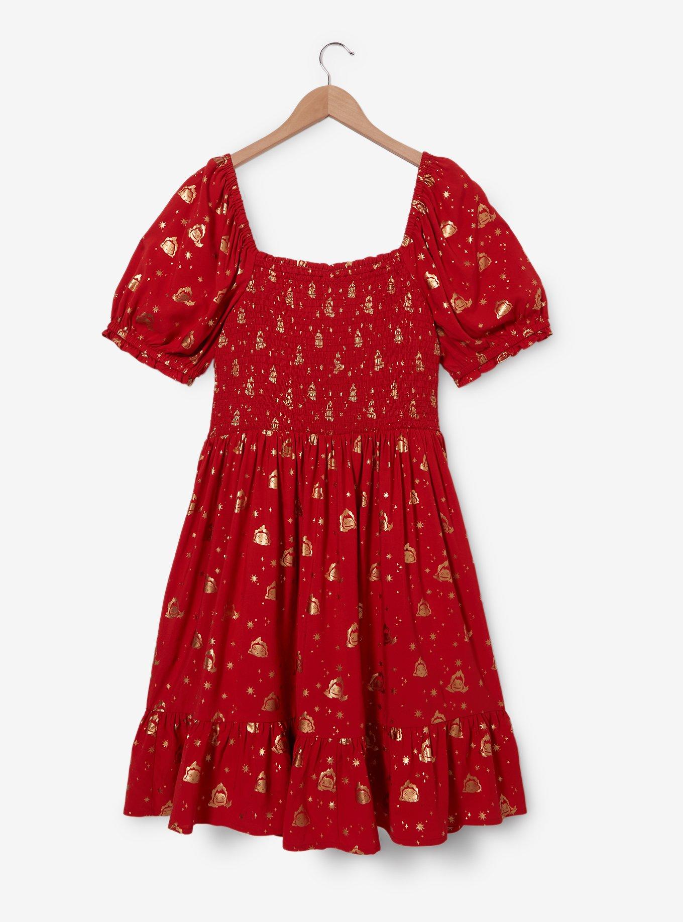 Studio Ghibli Howl's Moving Castle Calcifer & Stars Allover Print Plus Size Smock Dress - BoxLunch Exclusive, RED, alternate