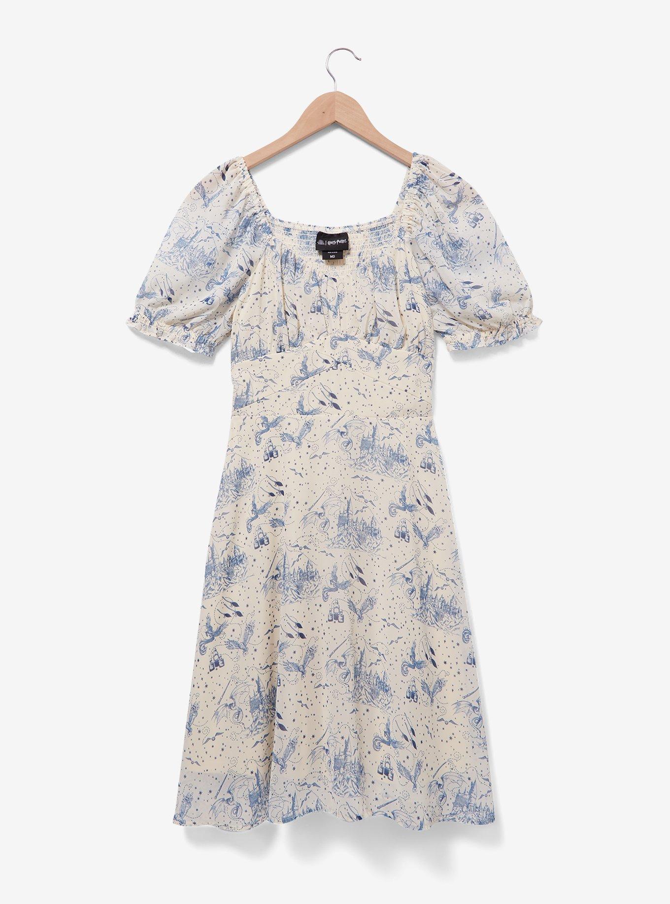 Harry Potter Hogwarts Icons Allover Print Smock Dress - BoxLunch Exclusive, NATURAL, alternate