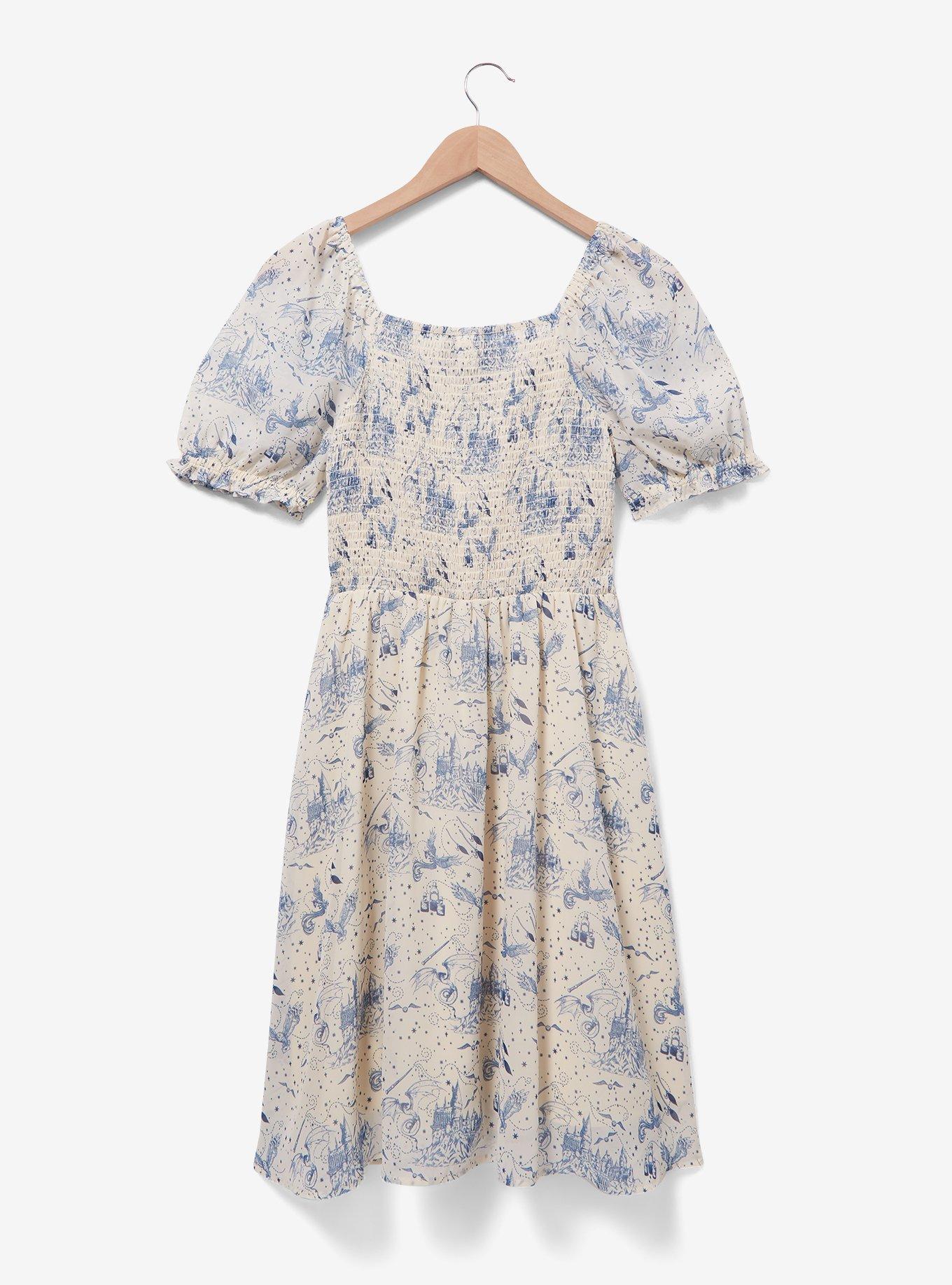 Harry Potter Hogwarts Icons Allover Print Smock Dress - BoxLunch Exclusive, NATURAL, alternate