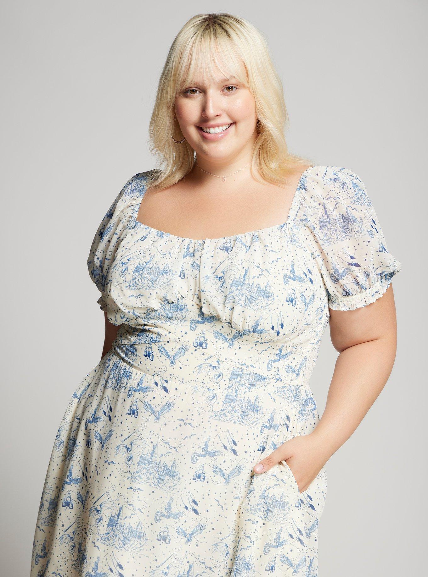 Harry Potter Hogwarts Owl Allover Print Plus Size Dress &mdash; BoxLunch Exclusive, NATURAL, alternate