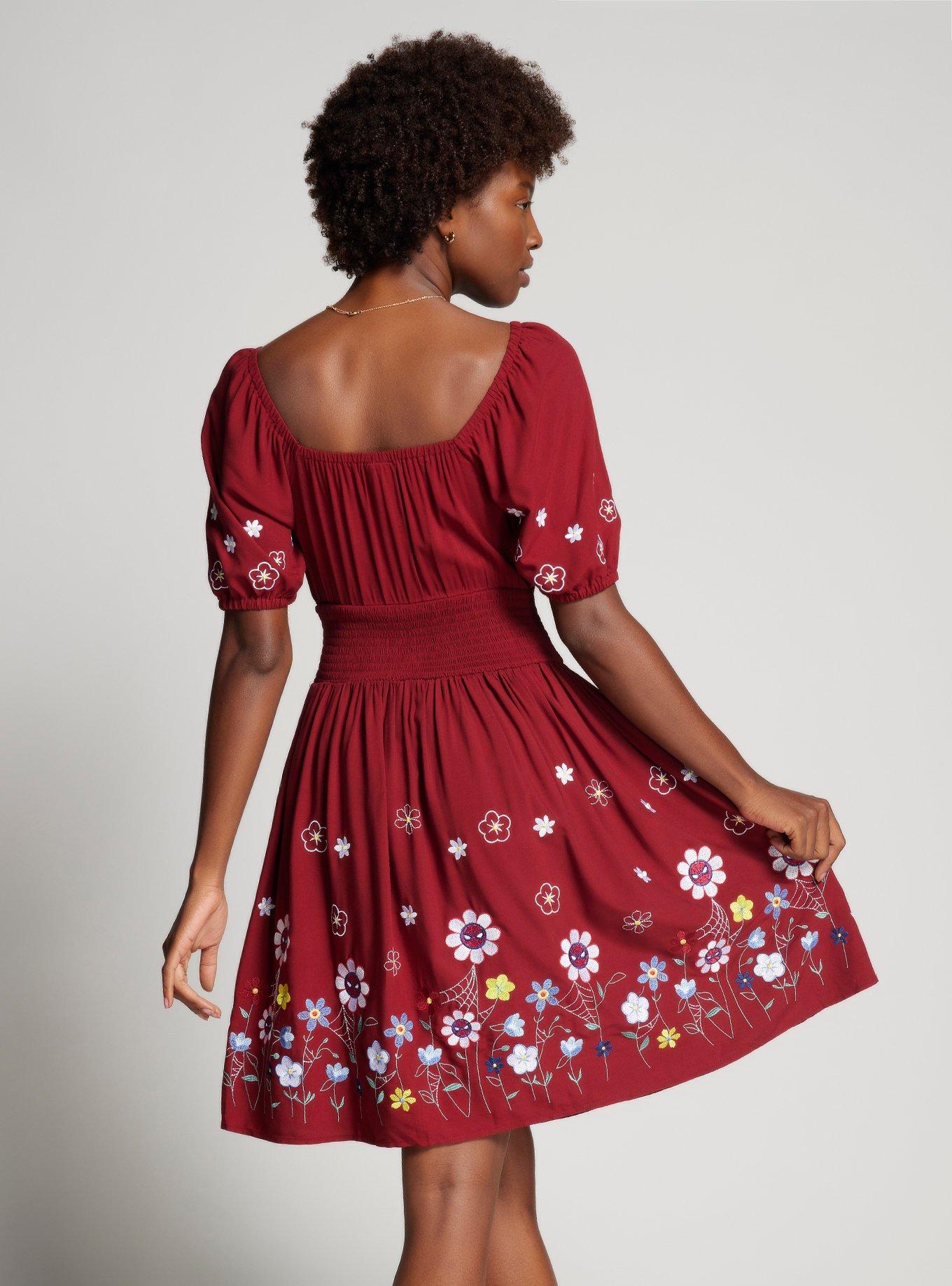 Marvel Spider-Man Floral Smock Dress - BoxLunch Exclusive, BURGUNDY, alternate