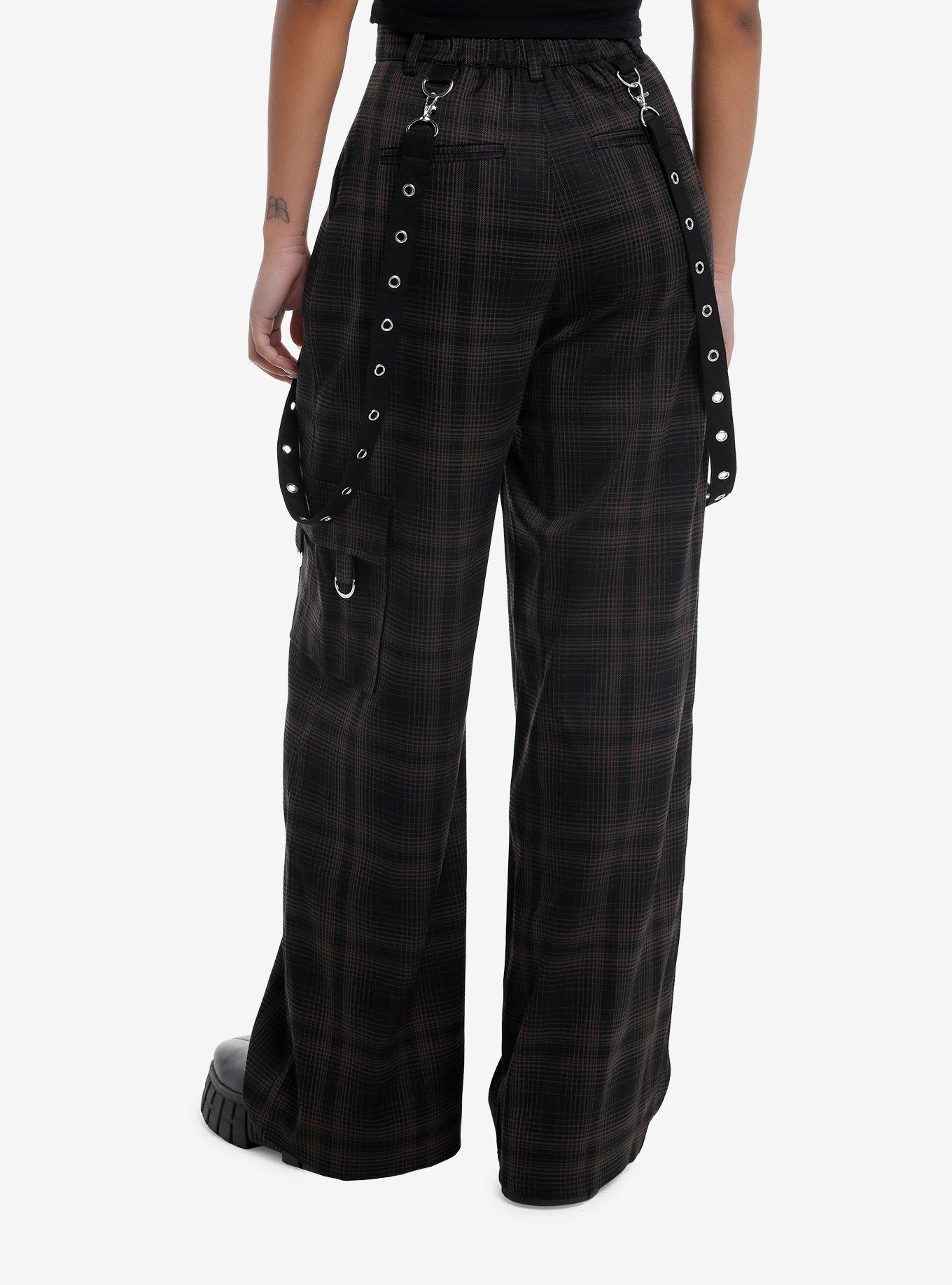 Black & Brown Plaid Grommet Suspender Wide Leg Pants, , hi-res