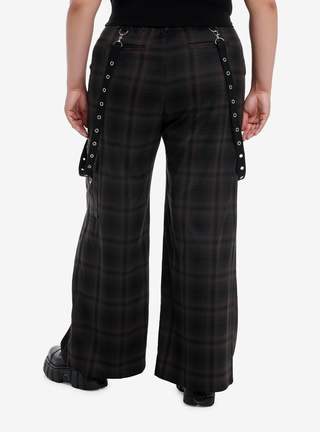 Black & Brown Plaid Grommet Suspender Wide Leg Pants Plus Size, BROWN, alternate