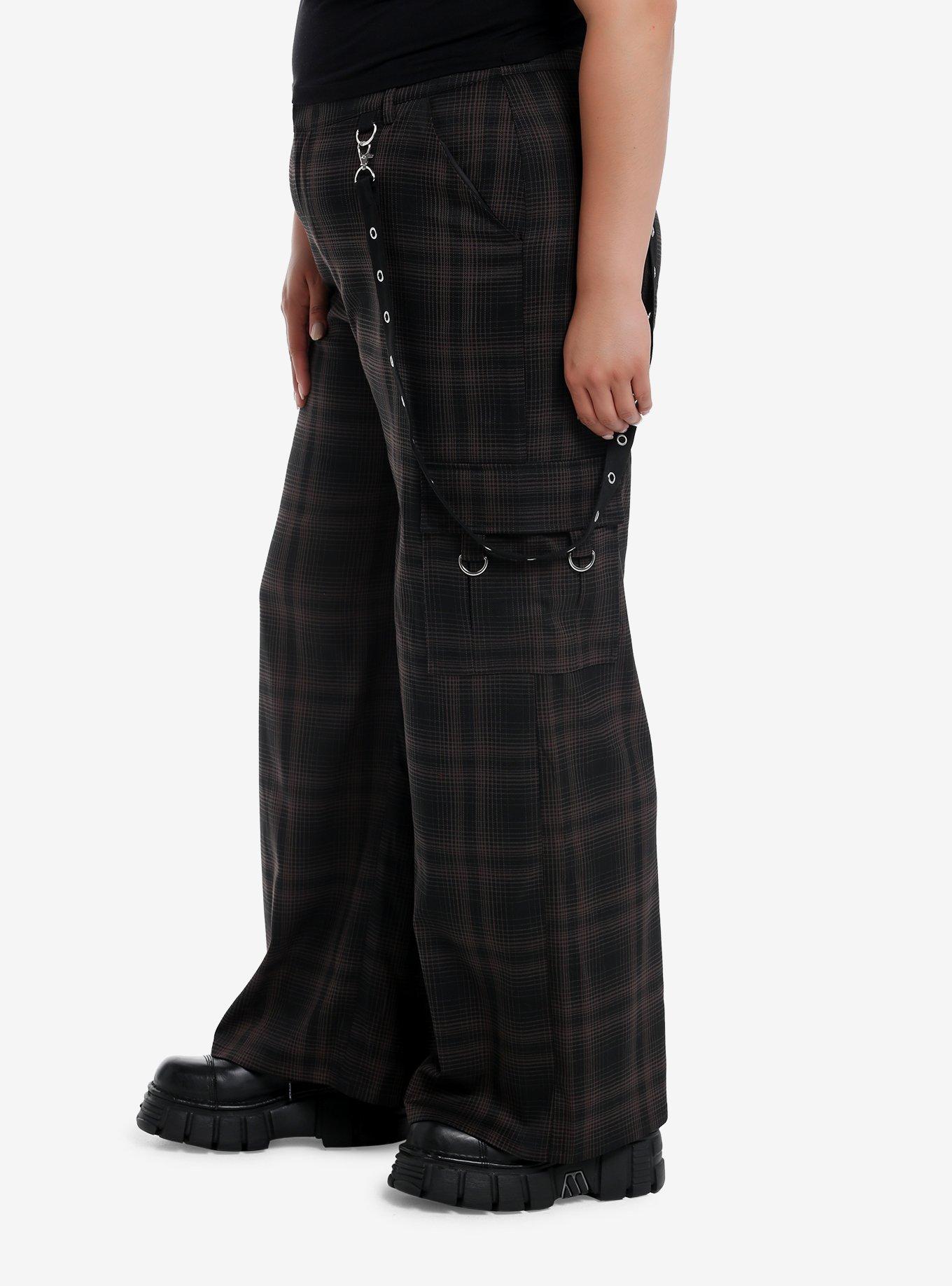 Black & Brown Plaid Grommet Suspender Wide Leg Pants Plus Size, BROWN, alternate