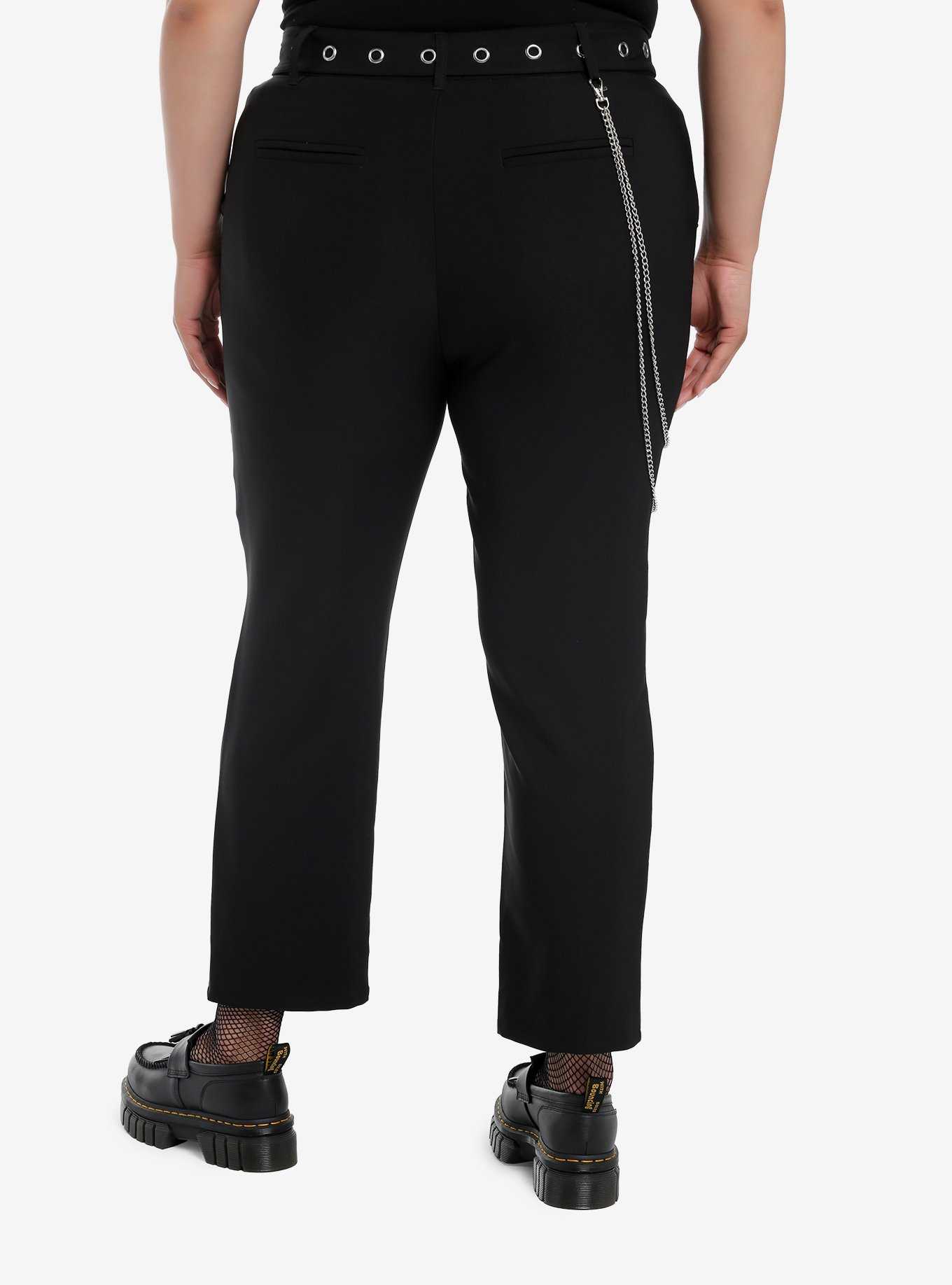 Black Side Chain Grommet Belt Slim Pants Plus Size, , hi-res