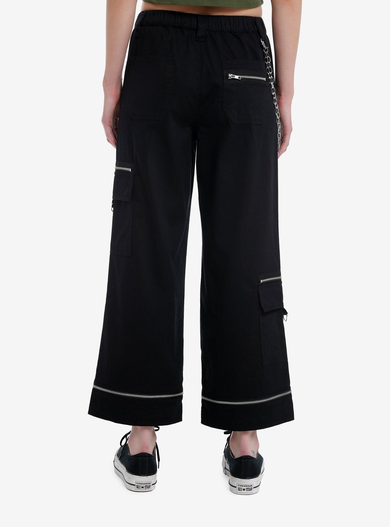 Black Zipper Side Chain Cargo Skater Pants, SILVER, alternate