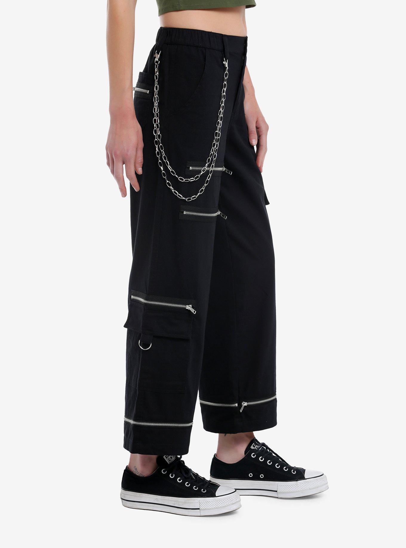 Black Zipper Side Chain Cargo Skater Pants, SILVER, alternate