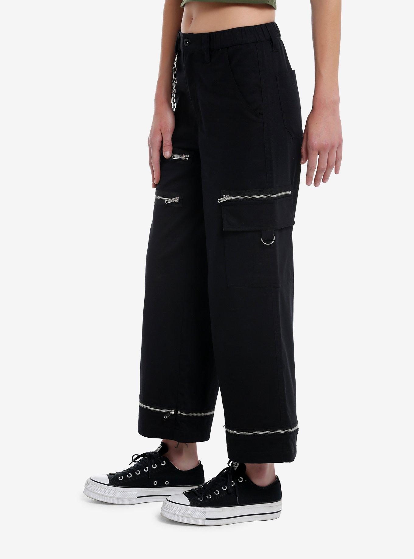 Black Zipper Side Chain Cargo Skater Pants, SILVER, alternate