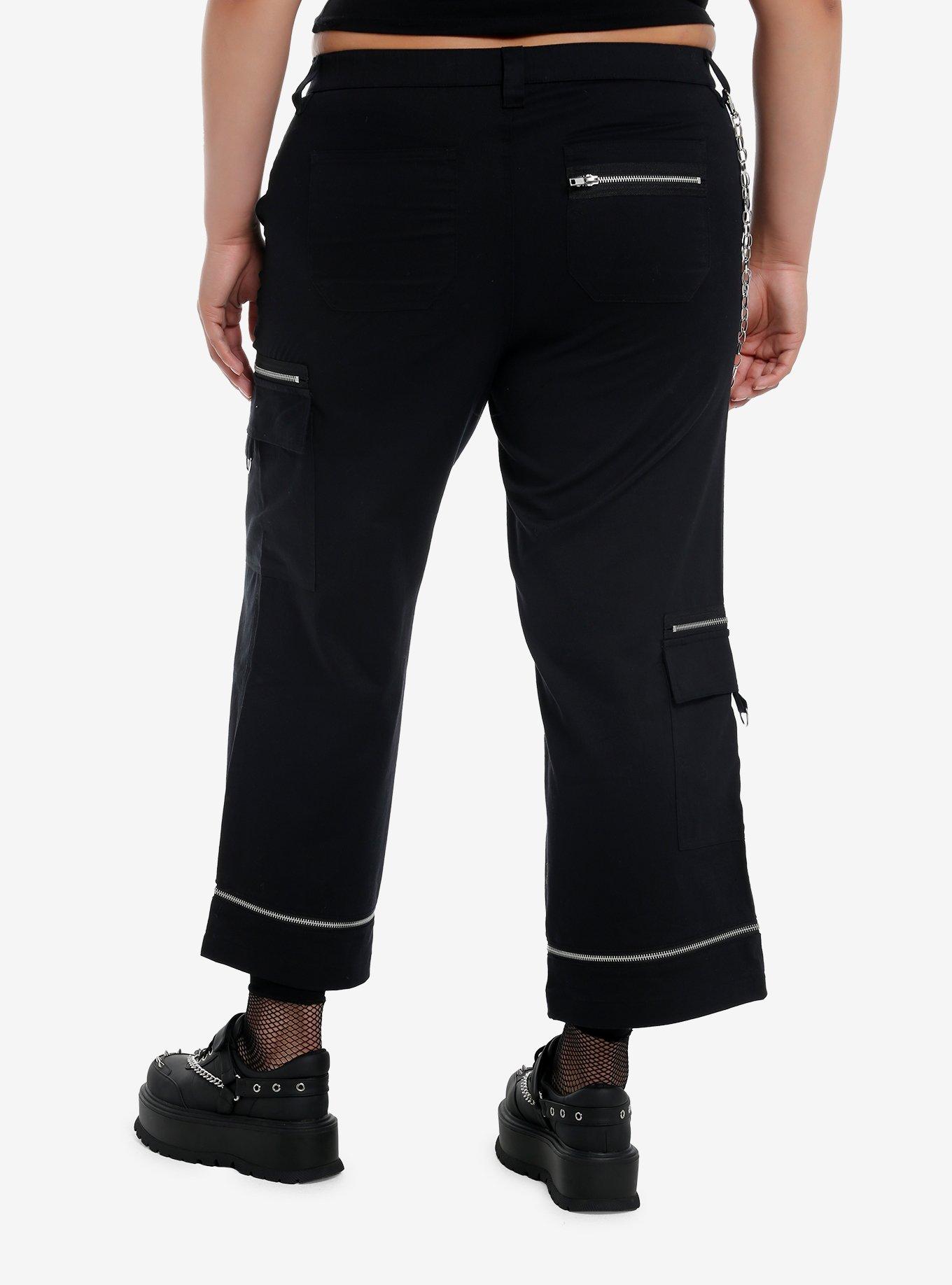 Black Zipper Side Chain Cargo Skater Pants Plus Size, , hi-res