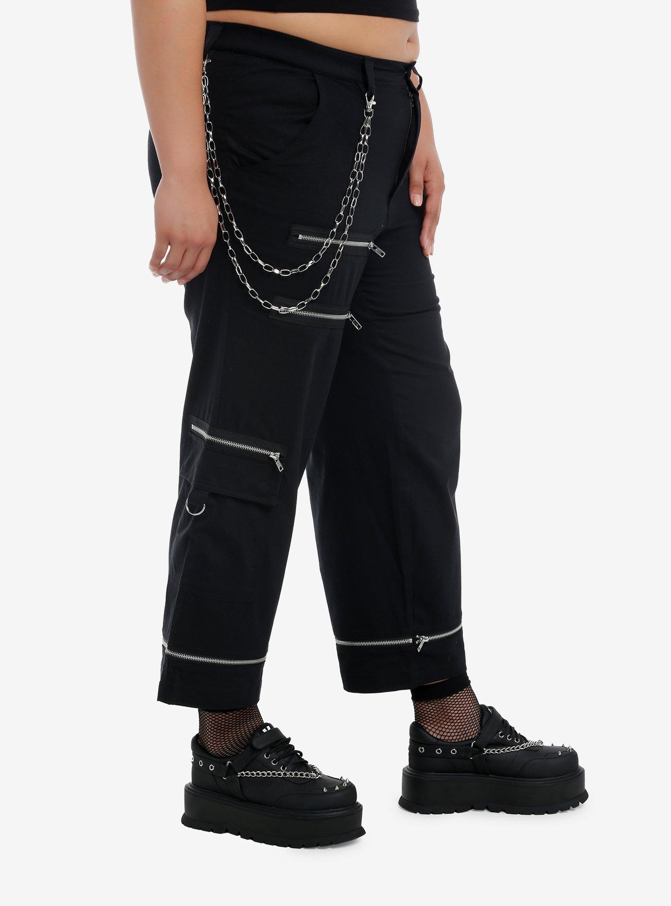 Black Zipper Side Chain Cargo Skater Pants Plus Size, SILVER, alternate