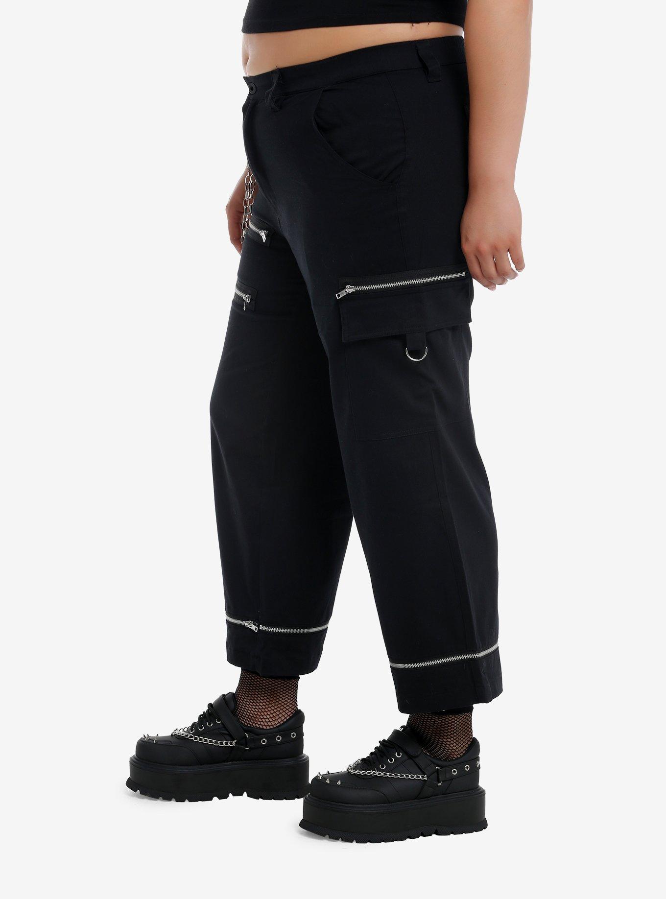 Black Zipper Side Chain Cargo Skater Pants Plus Size, SILVER, alternate