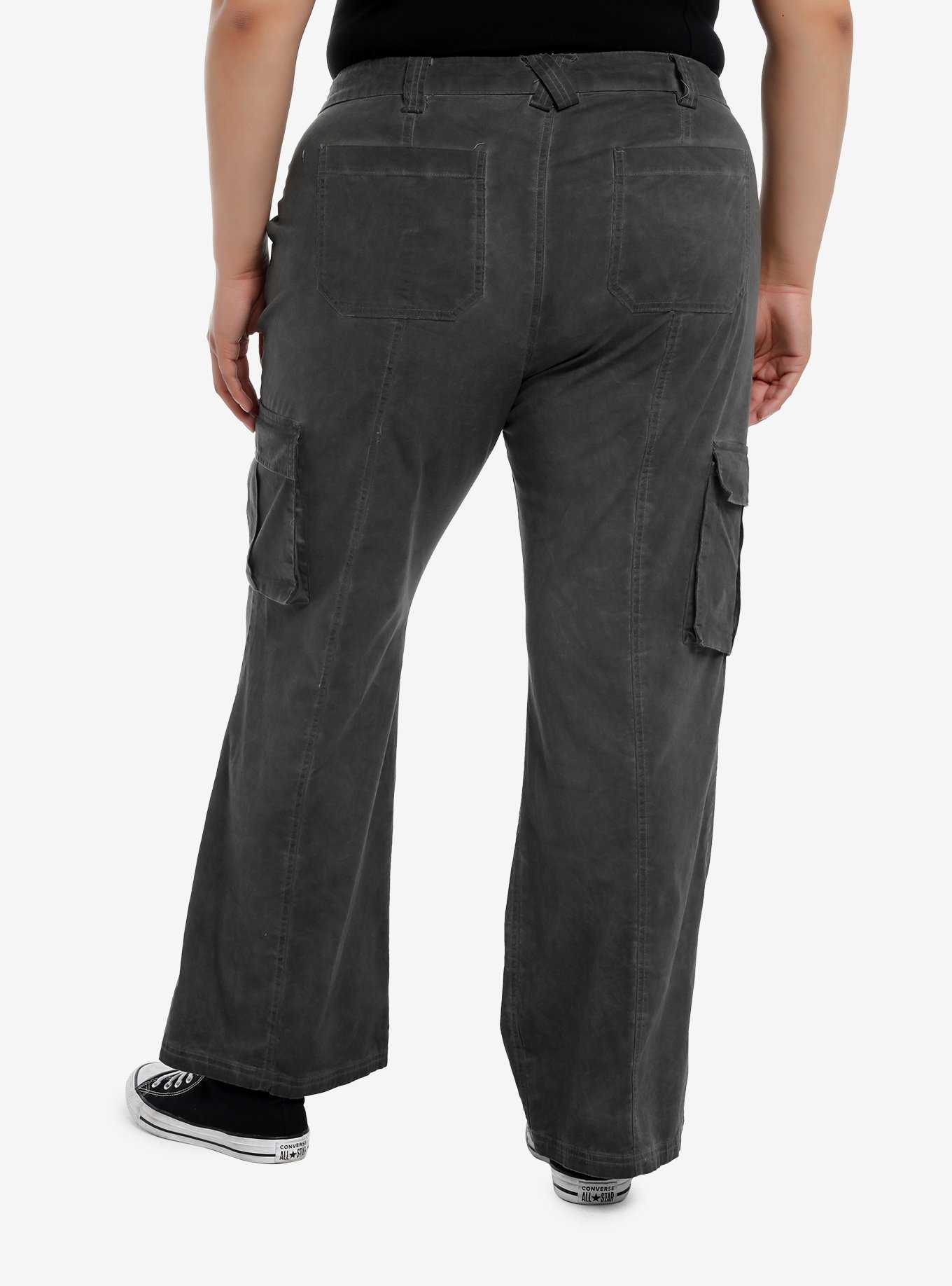 Grey Cargo Low-Rise Flare Pants Plus Size, , hi-res