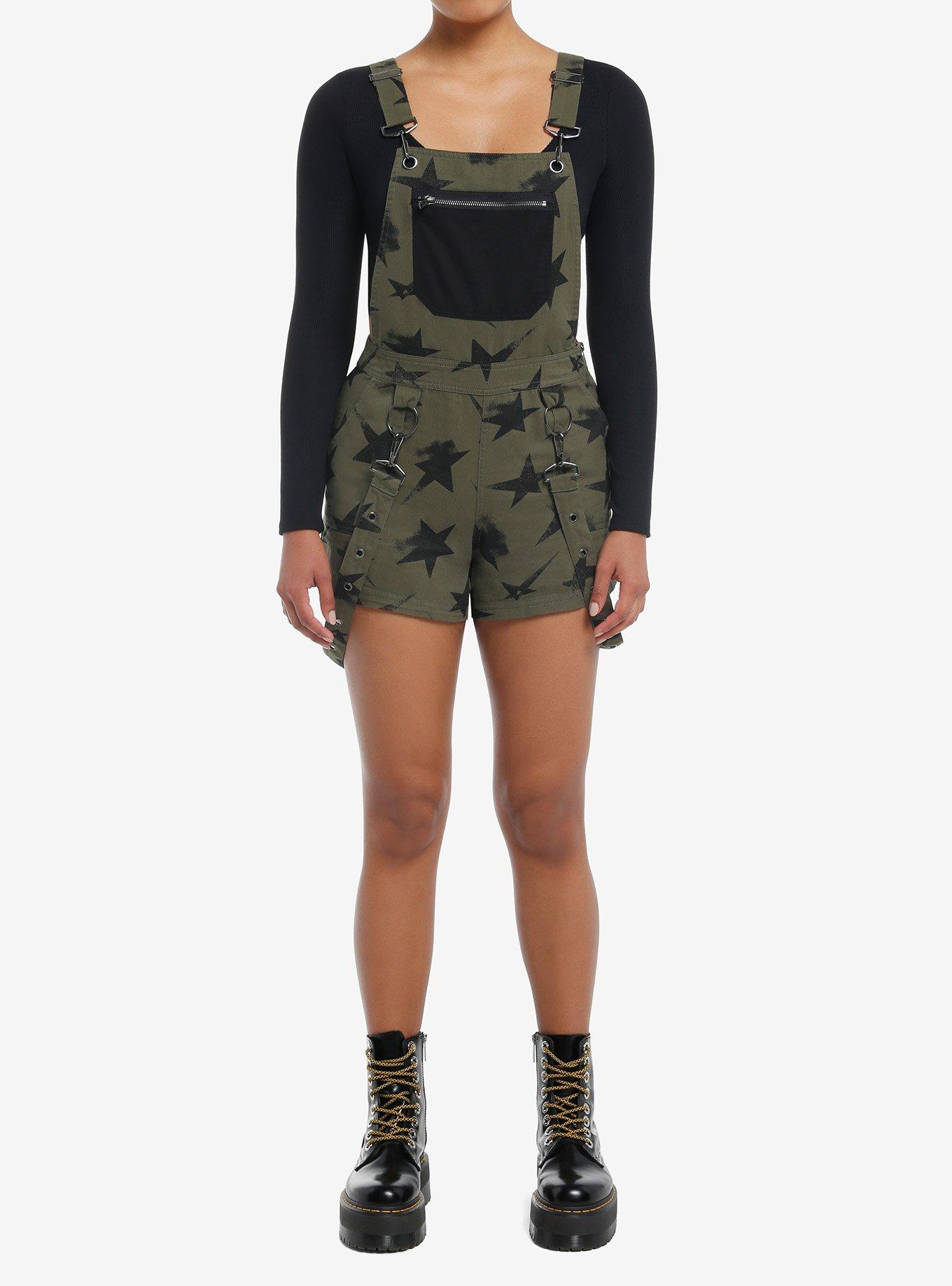 Social Collision Olive & Black Star Suspender Shortalls, , hi-res