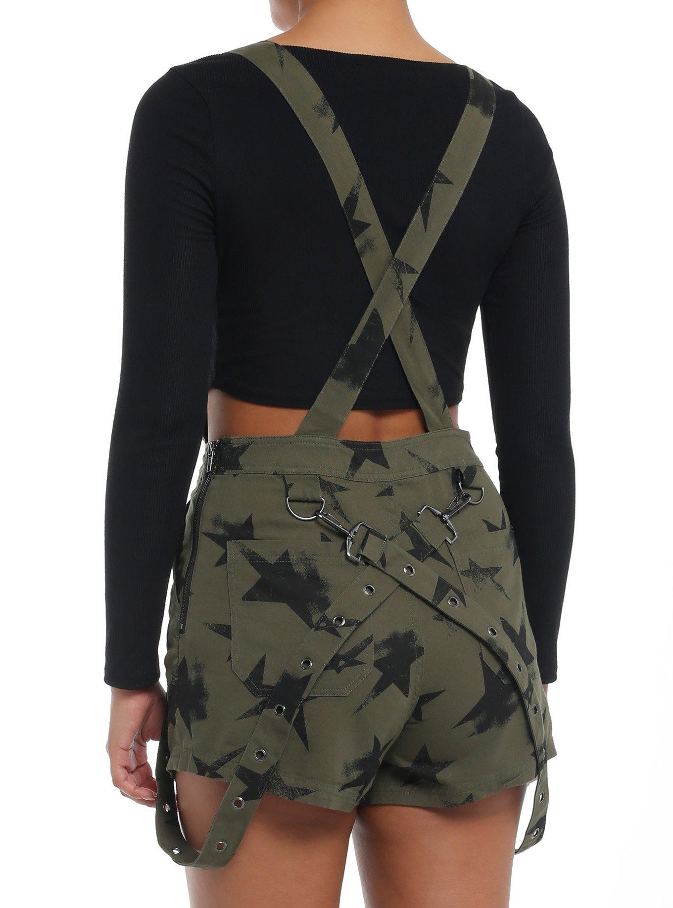 Social Collision Olive & Black Star Suspender Shortalls, GREEN, alternate