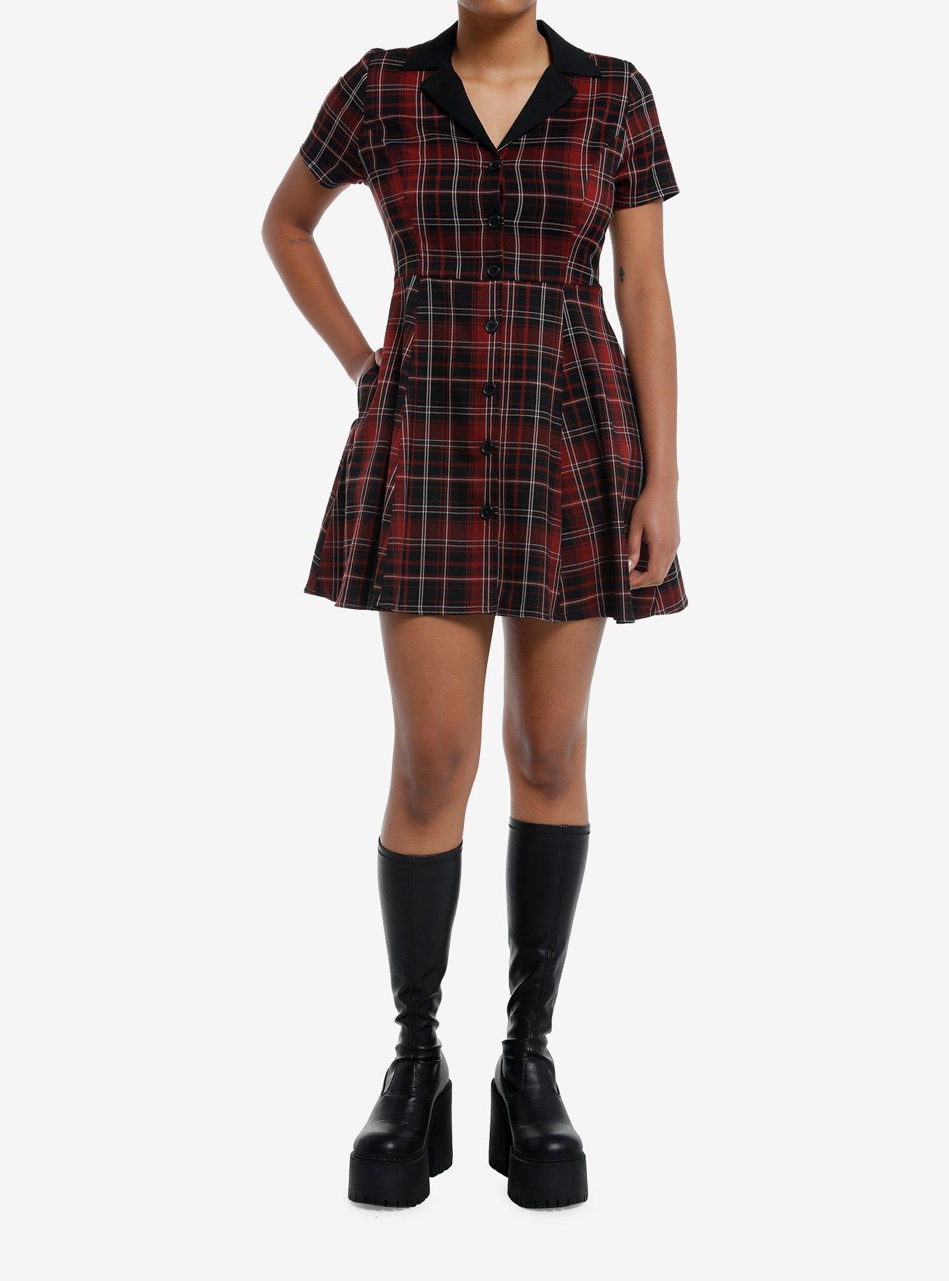 Social Collision Black & Red Plaid Collar Dress, , hi-res