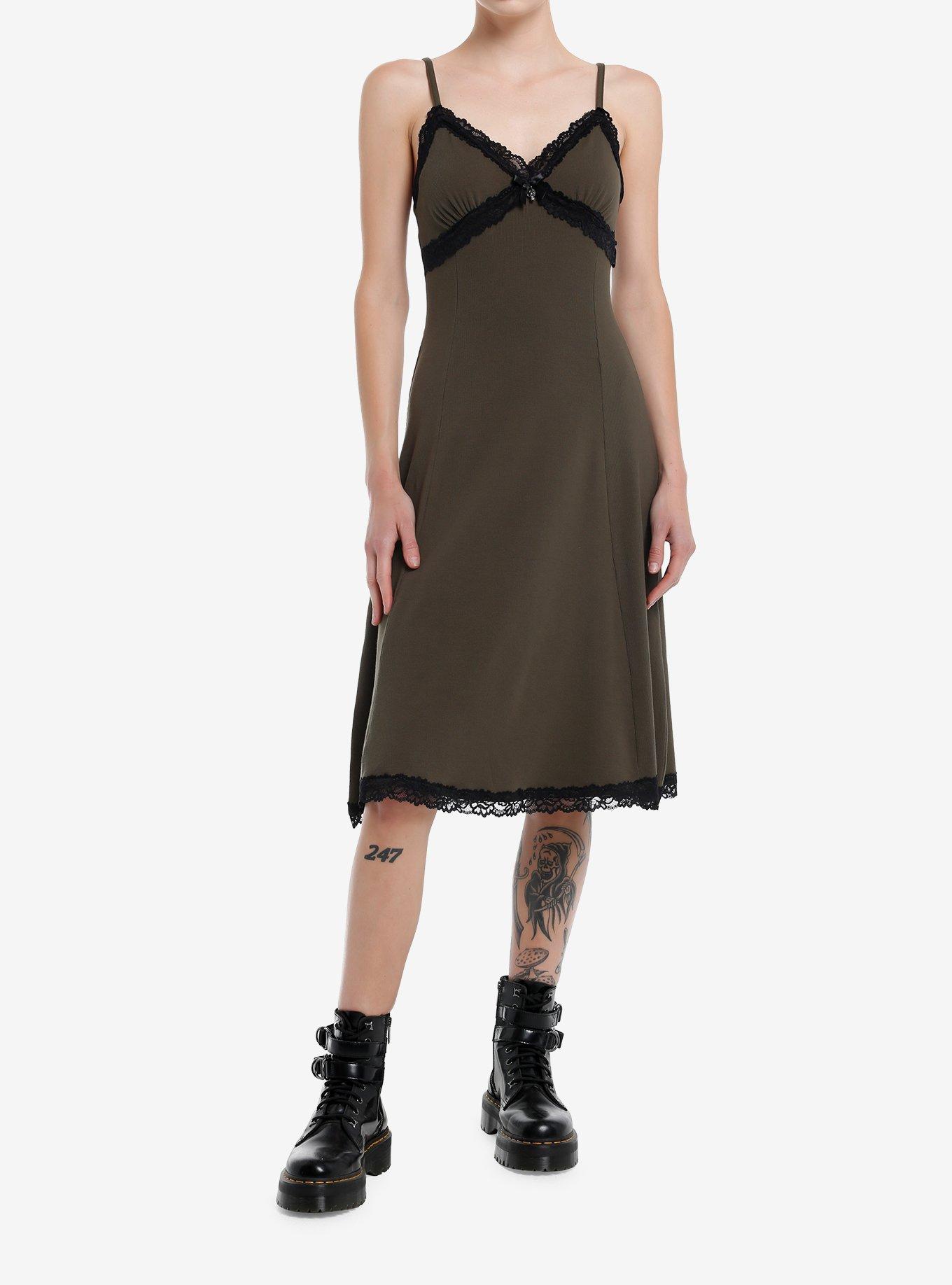 Olive Black Lace Skull Pendant Cami Midi Dress, , hi-res