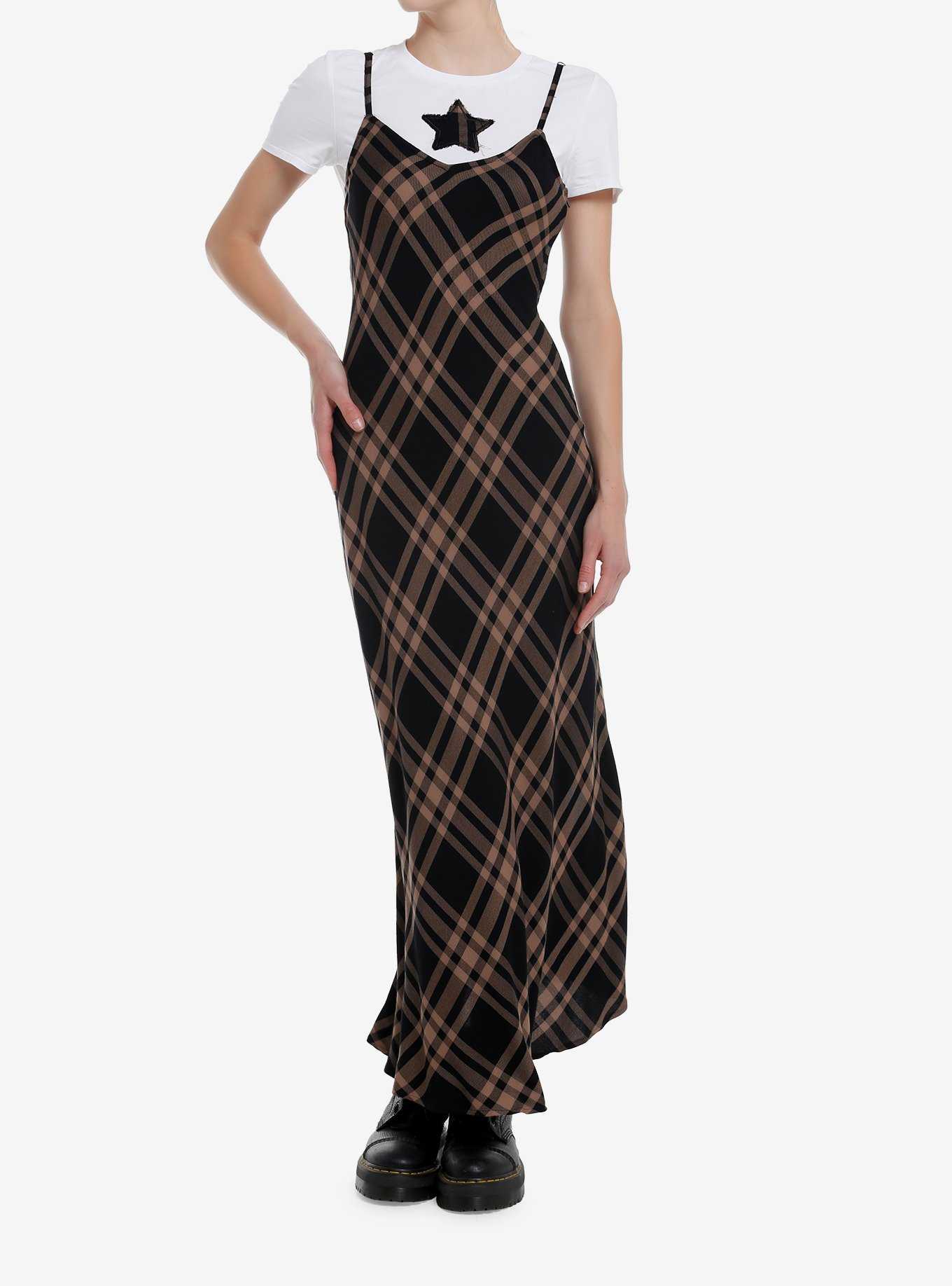 Brown & Black Plaid Star Twofer Maxi Dress, , hi-res
