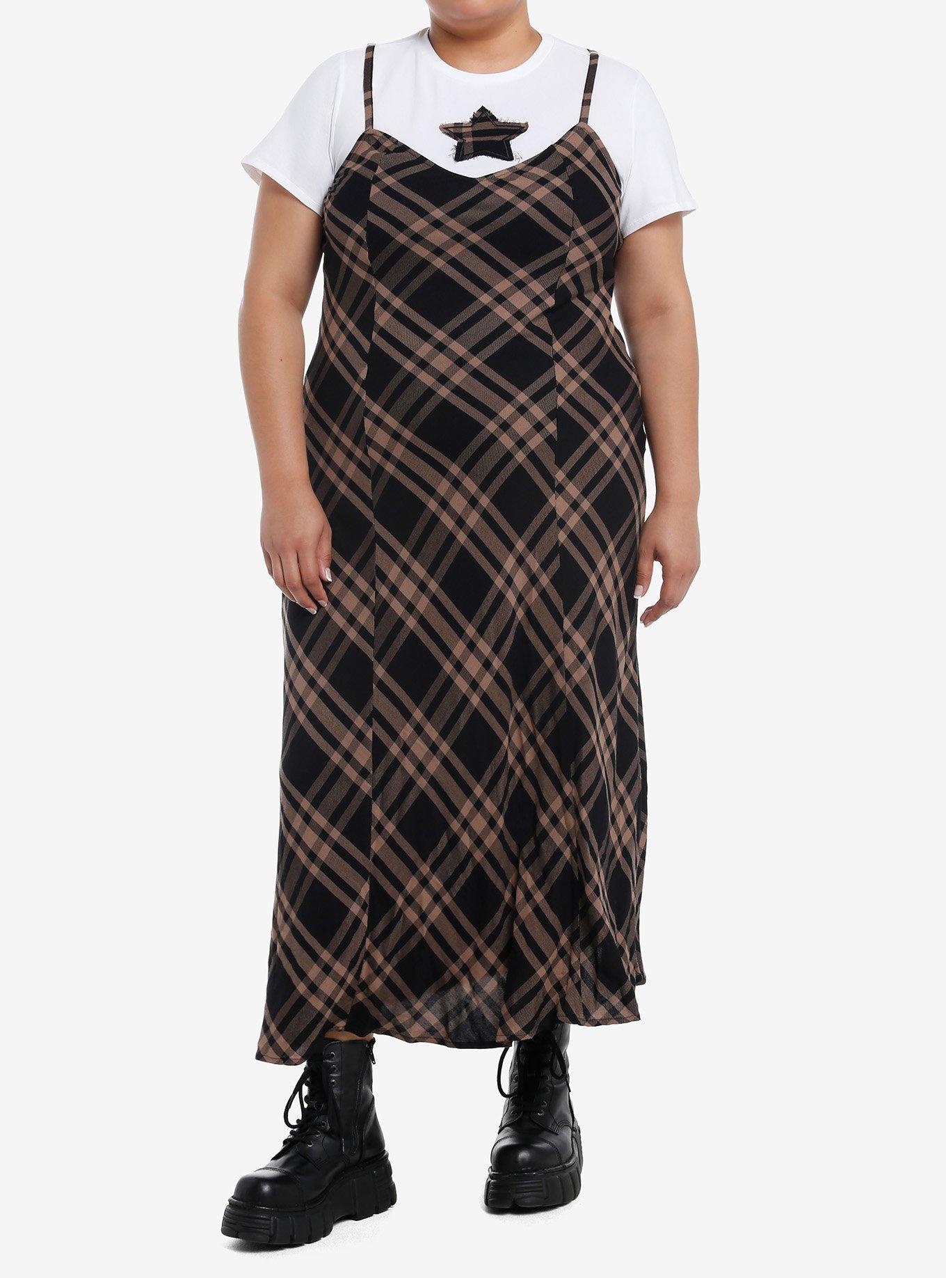 Brown & Black Plaid Star Twofer Maxi Dress Plus Size, , hi-res