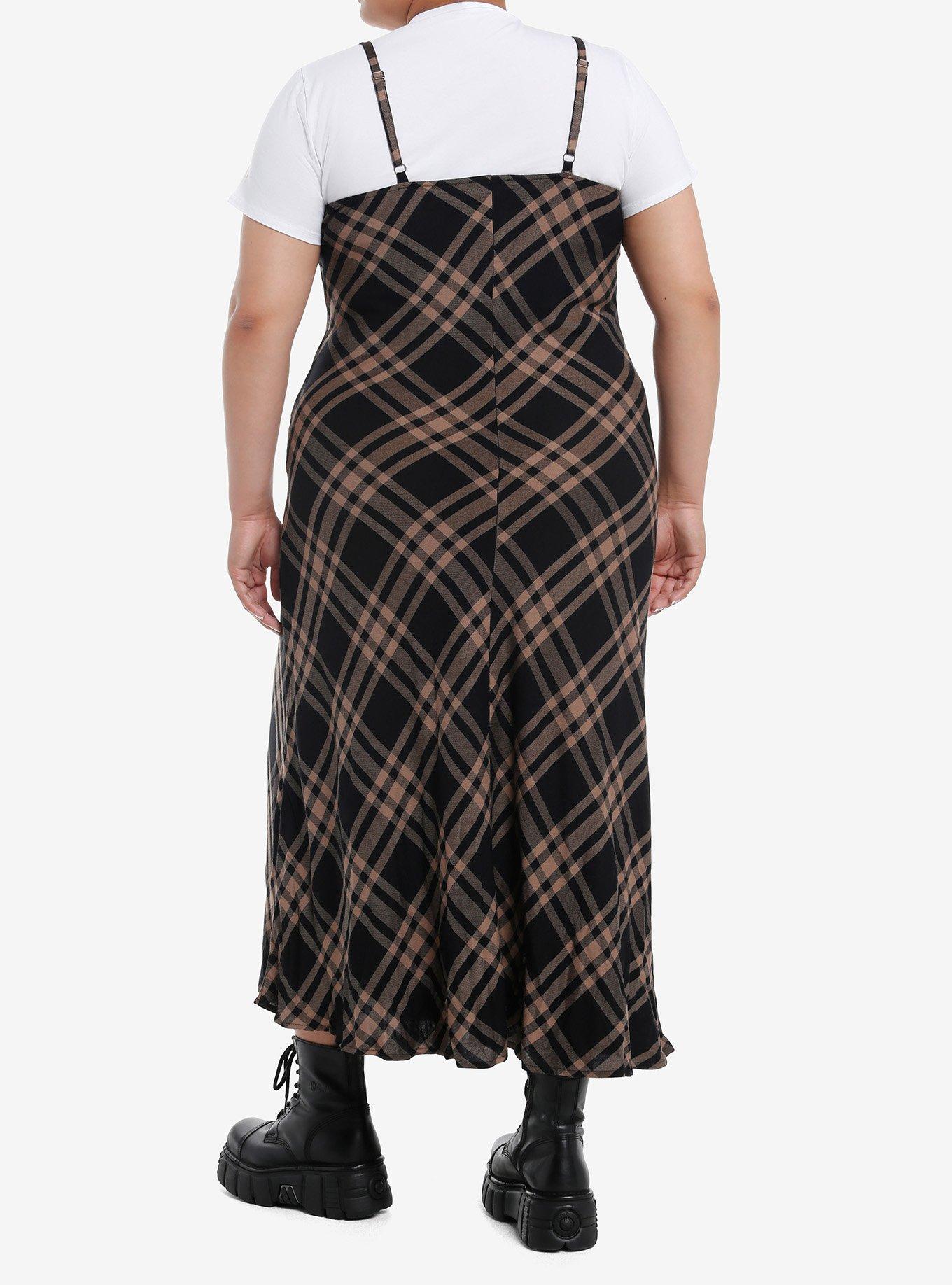 Brown & Black Plaid Star Twofer Maxi Dress Plus Size, BROWN, alternate