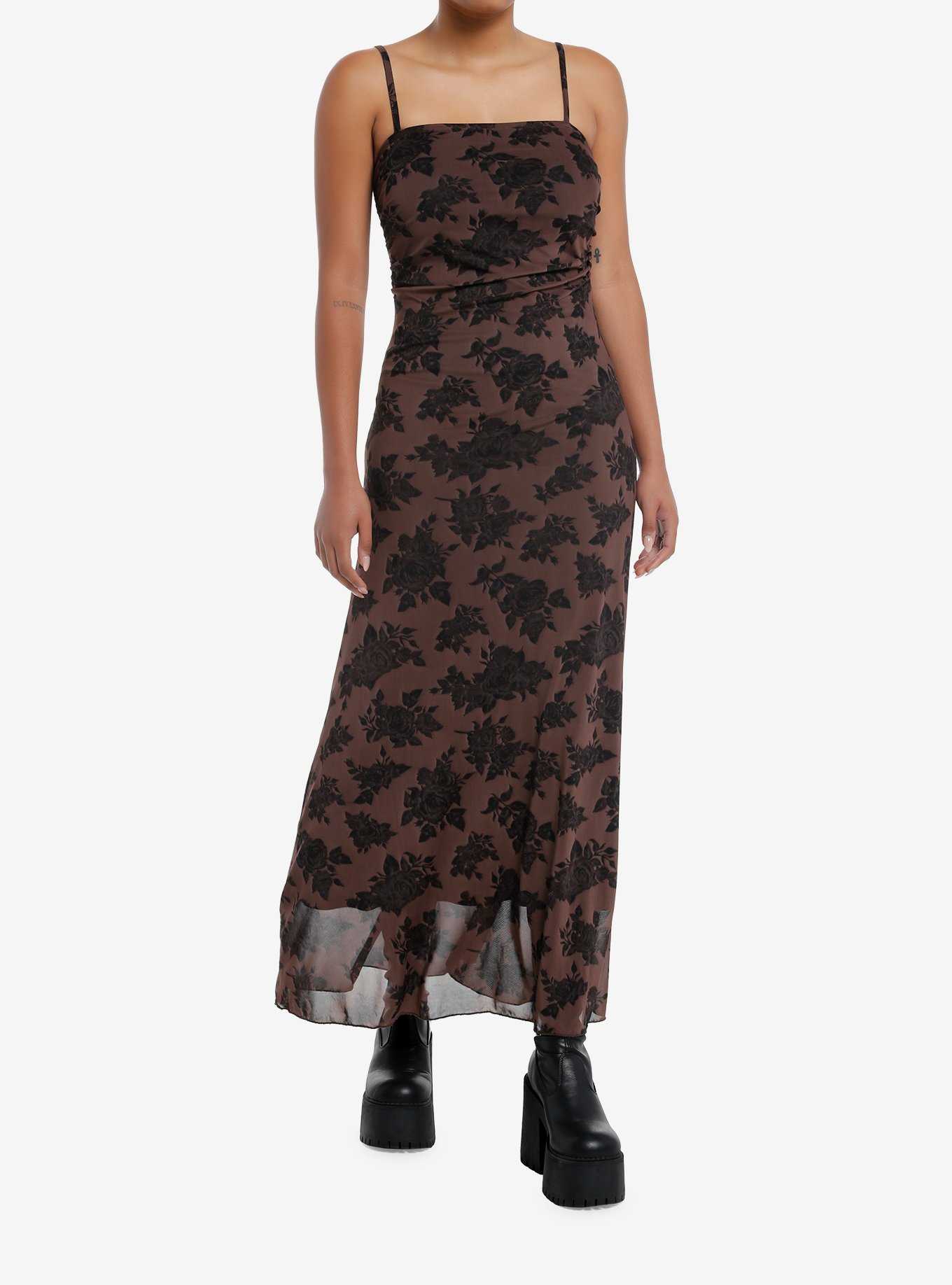 Thorn & Fable Brown Rose Ruched Mesh Midaxi Dress, , hi-res