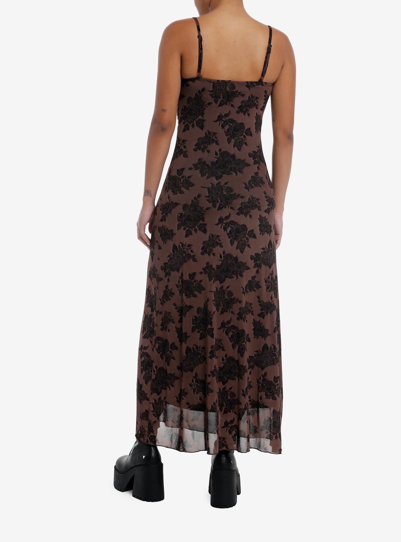 Thorn & Fable Brown Rose Ruched Mesh Midaxi Dress, BROWN, alternate