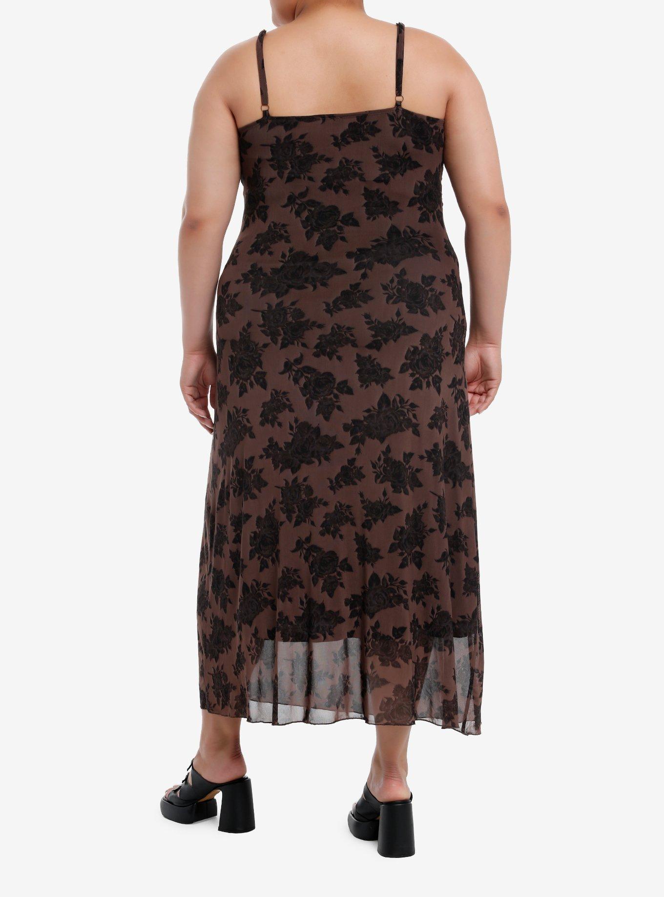 Thorn & Fable Brown Rose Ruched Mesh Midaxi Dress Plus Size, , hi-res