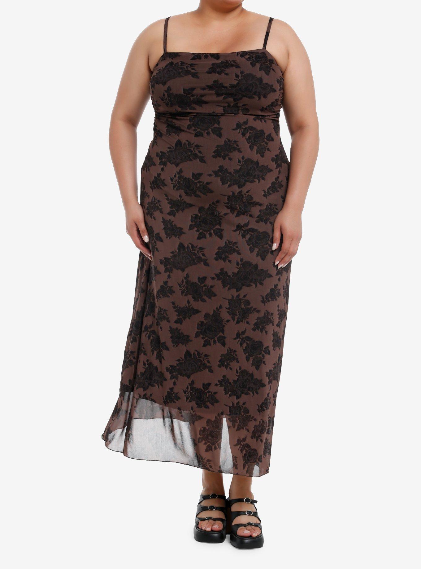 Thorn & Fable Brown Rose Ruched Mesh Midaxi Dress Plus Size, BROWN, alternate