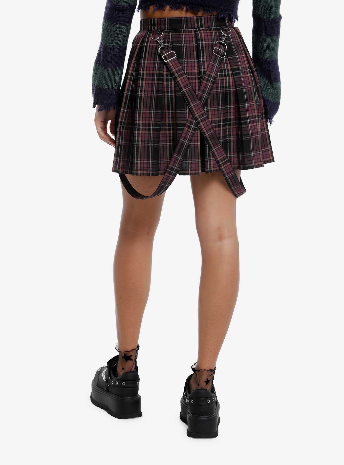 Black & Purple Plaid Zipper Suspender Skirt, , hi-res