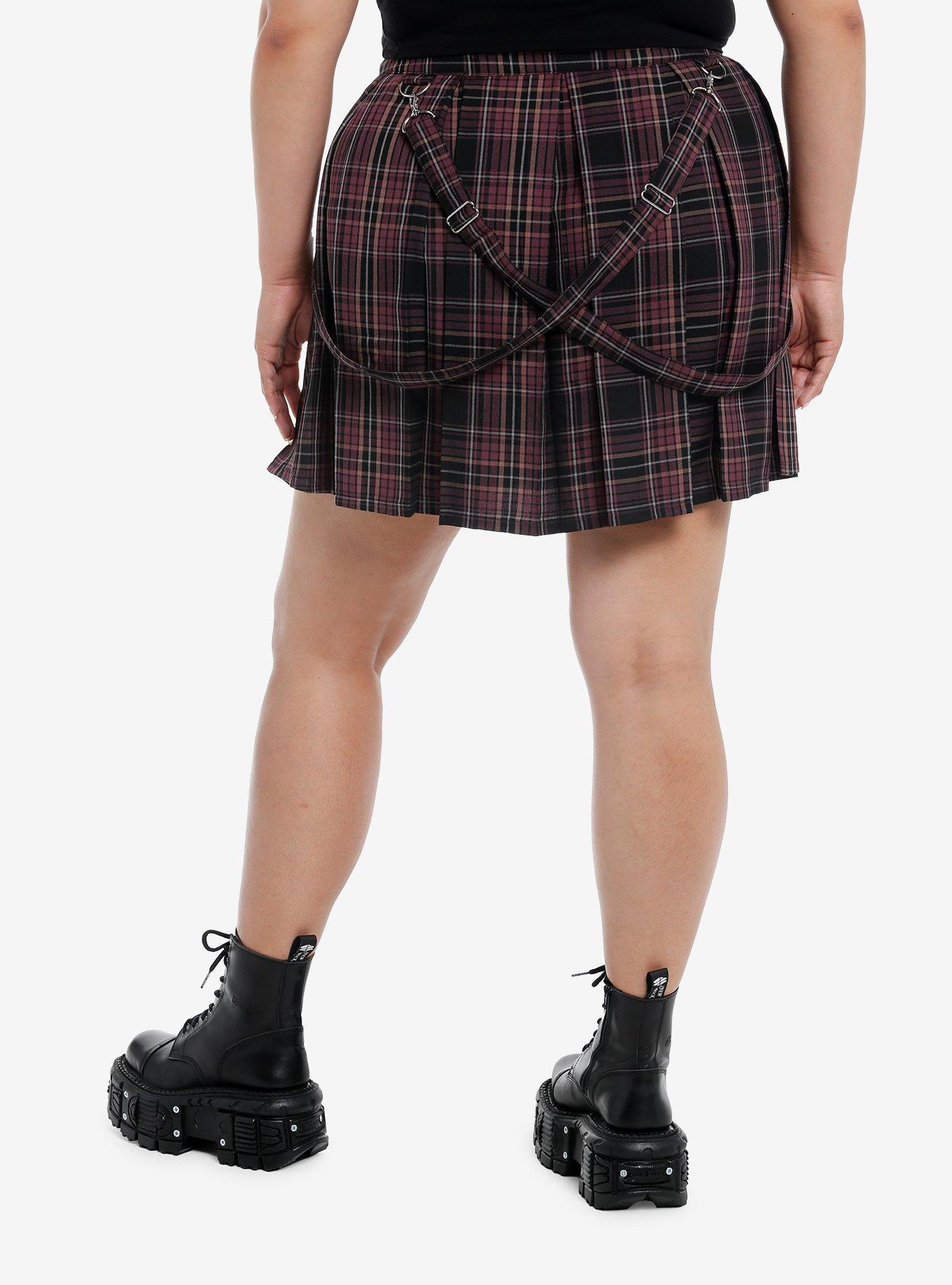 Black & Purple Plaid Zipper Suspender Skirt Plus Size, , hi-res