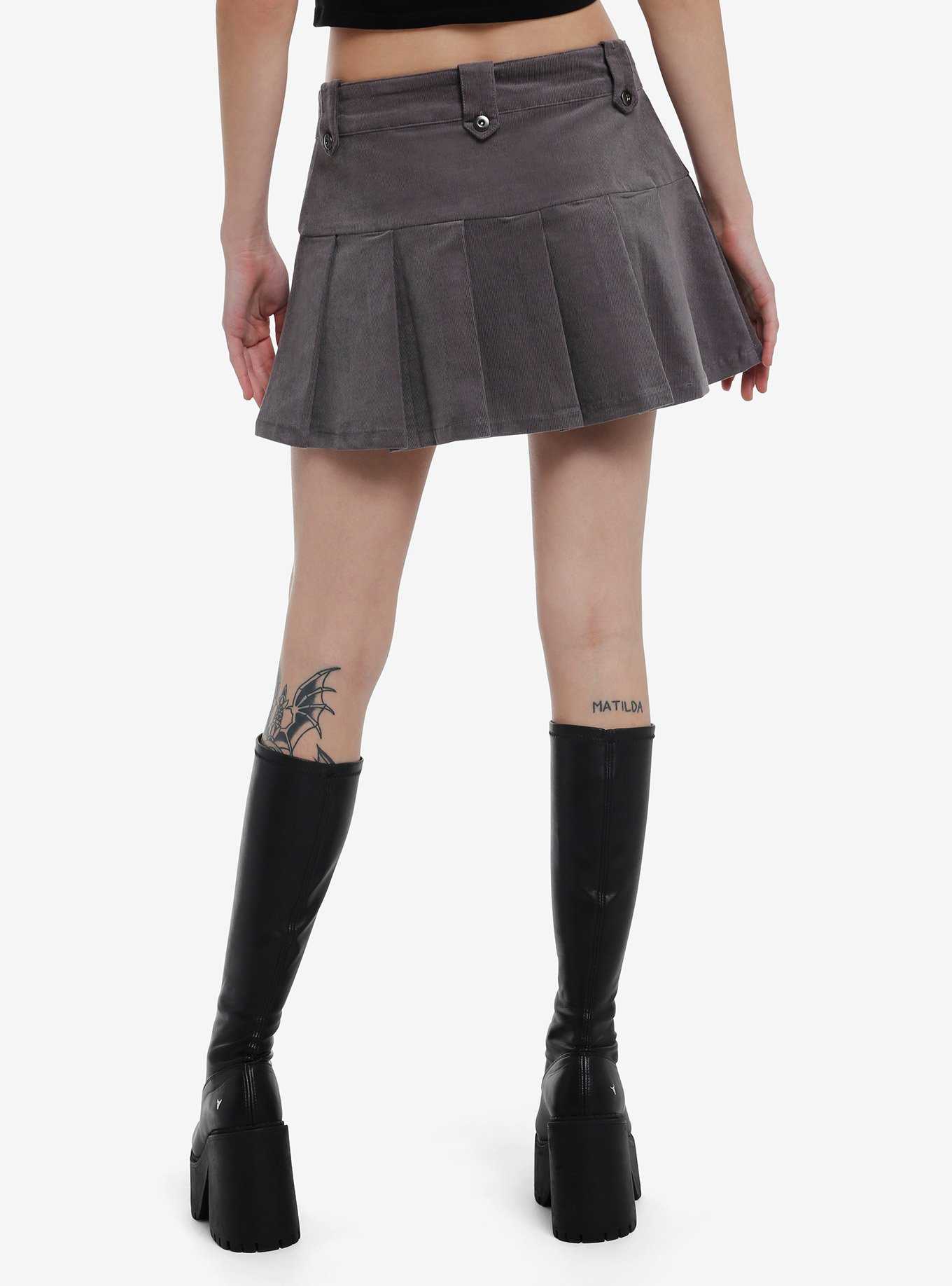 Dark Grey Corduroy Low Rise Pleated Skirt, , hi-res