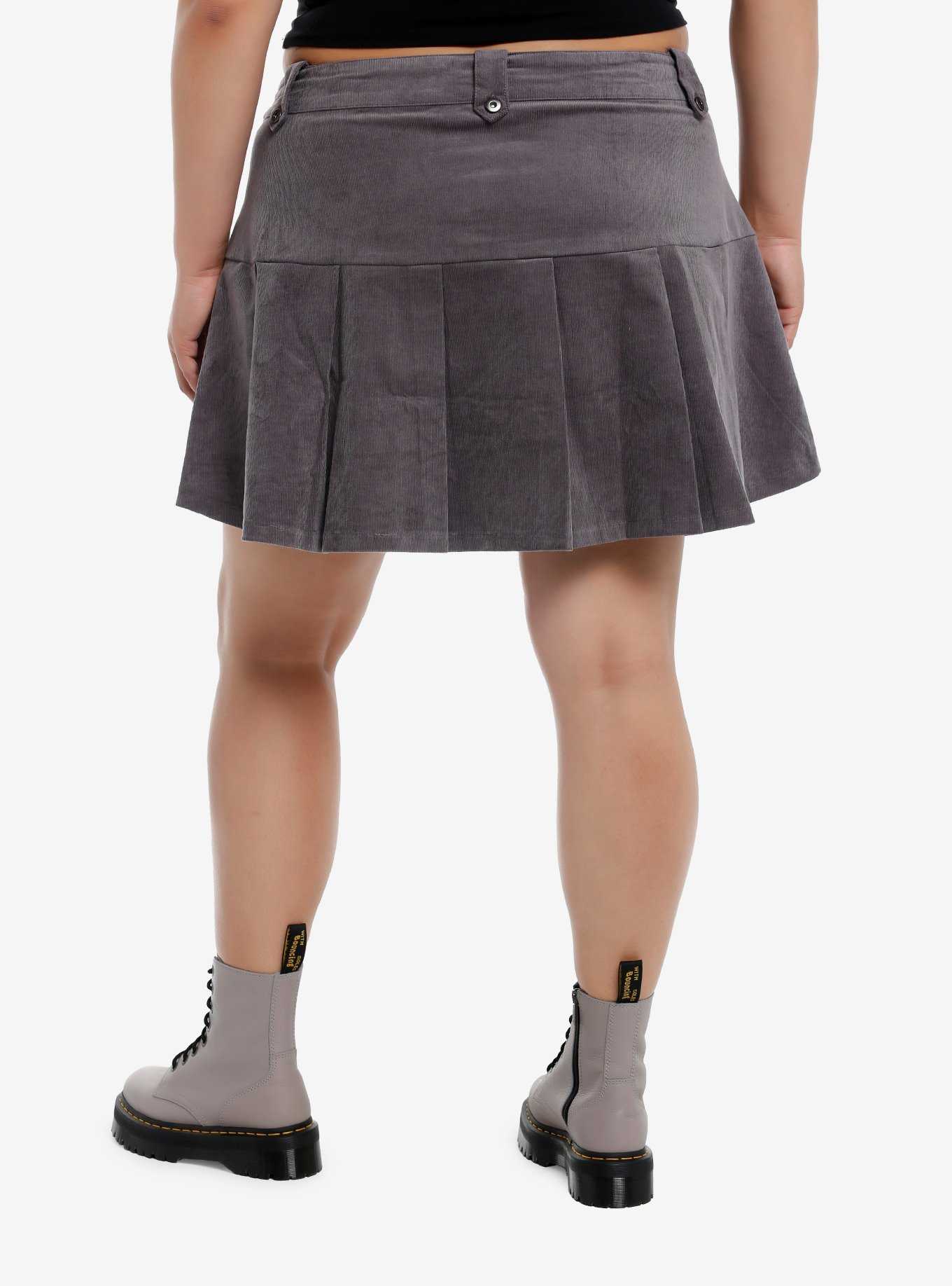 Dark Grey Corduroy Low Rise Pleated Skirt Plus Size, , hi-res