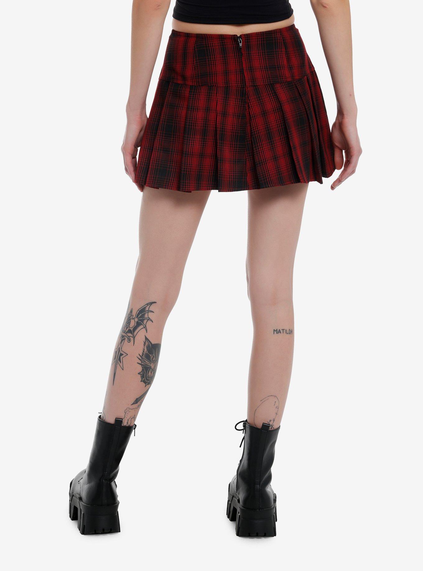 Social Collision Red Plaid Chain Safety Pin Skirt, BLACK, alternate