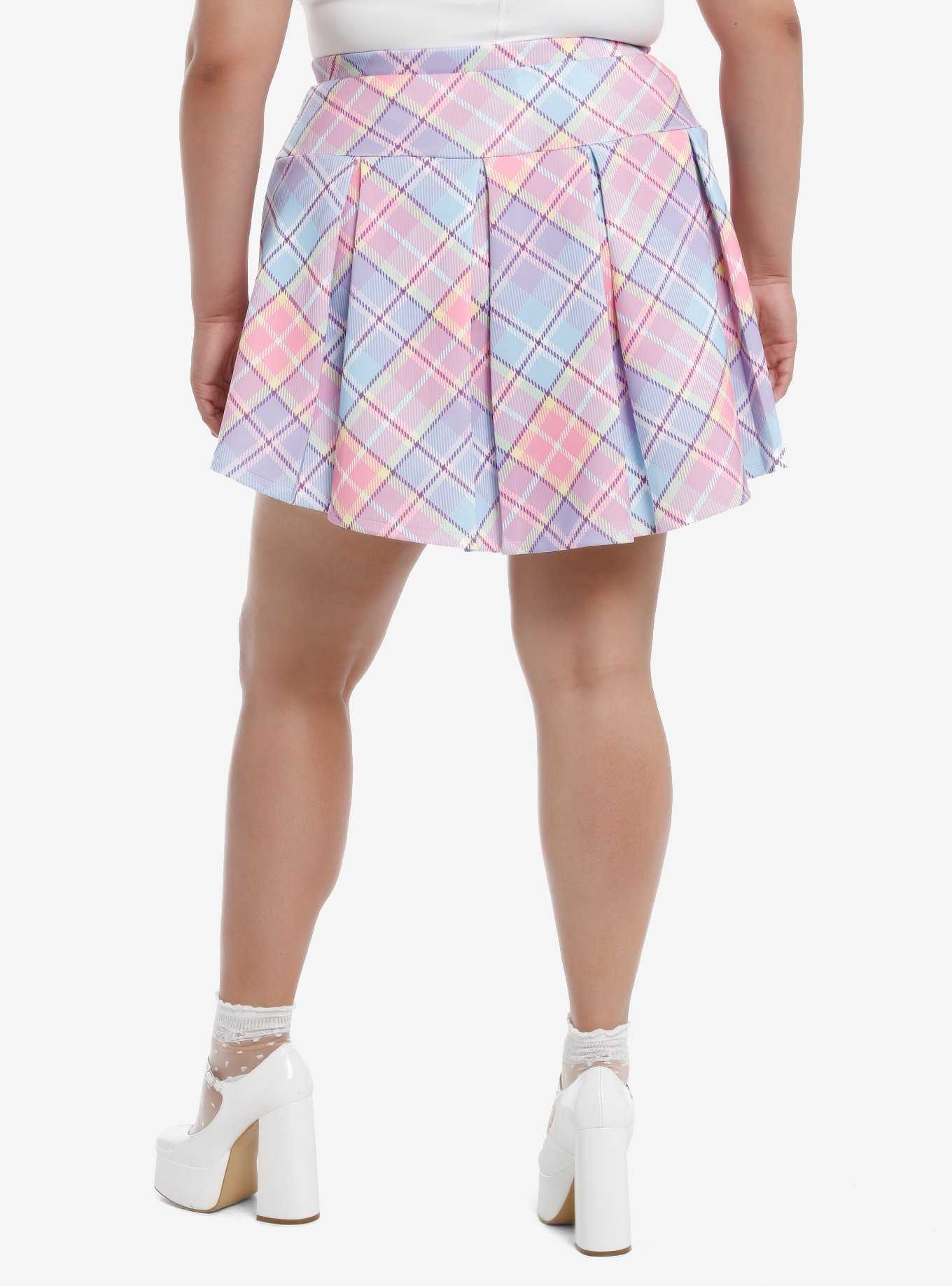 Sweet Society Pastel Plaid Heart Buckle Pleated Skirt Plus Size, , hi-res