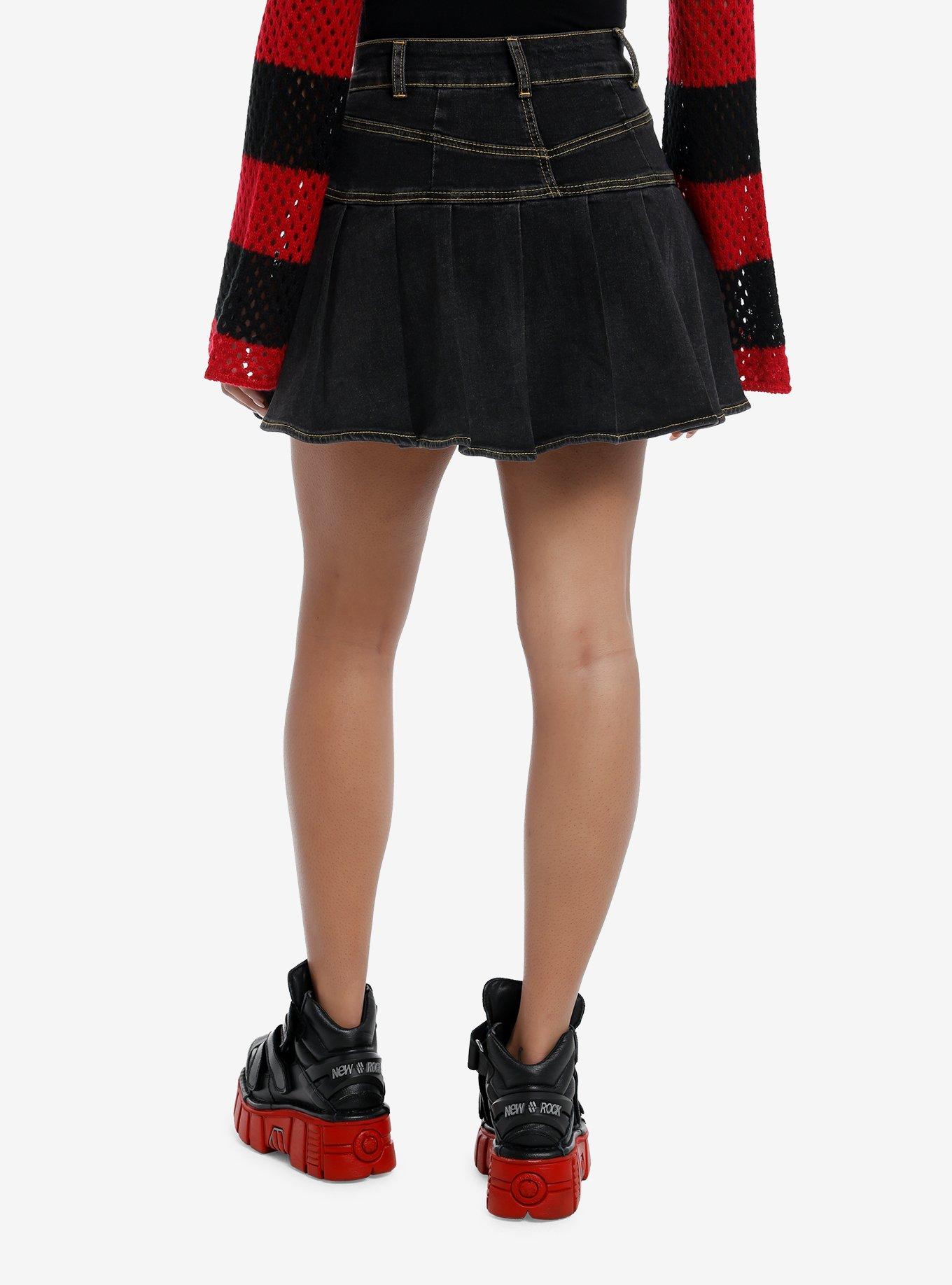 Social Collision Dark Indigo Pleated Denim Skirt, , hi-res