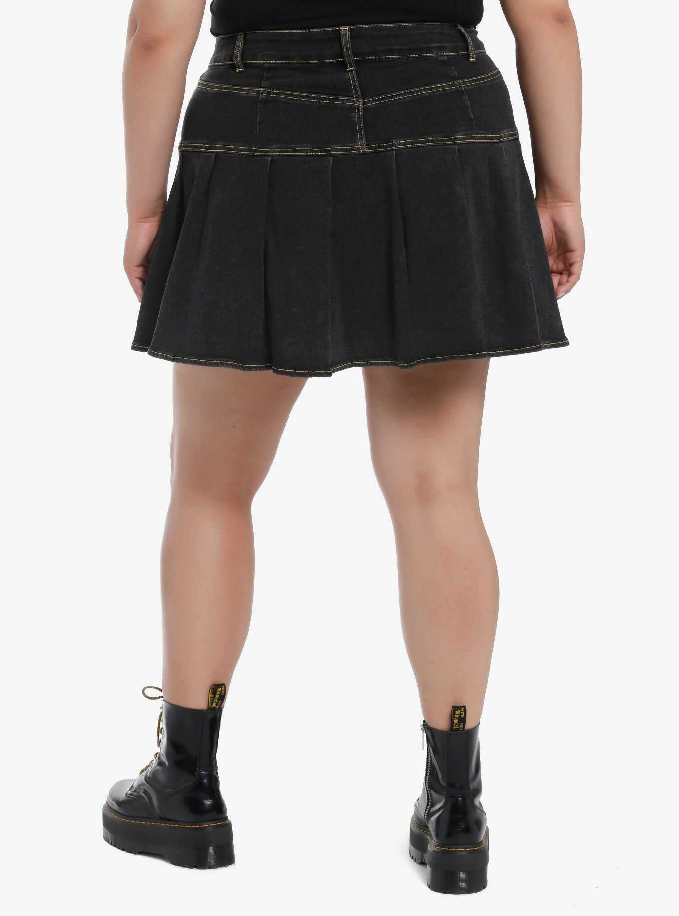 Social Collision Dark Indigo Pleated Denim Skirt Plus Size, , hi-res