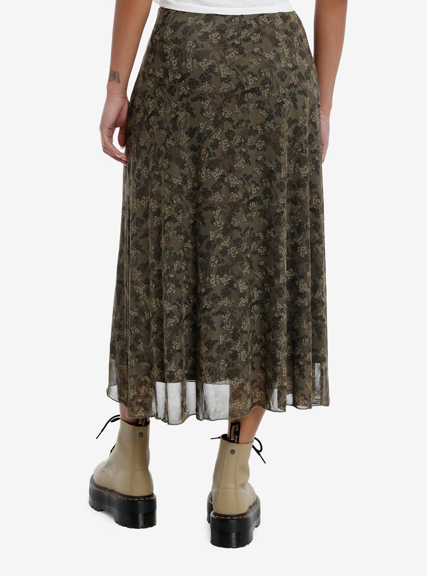 Social Collision Skeleton Flowers Green Mesh Midi Skirt, , hi-res