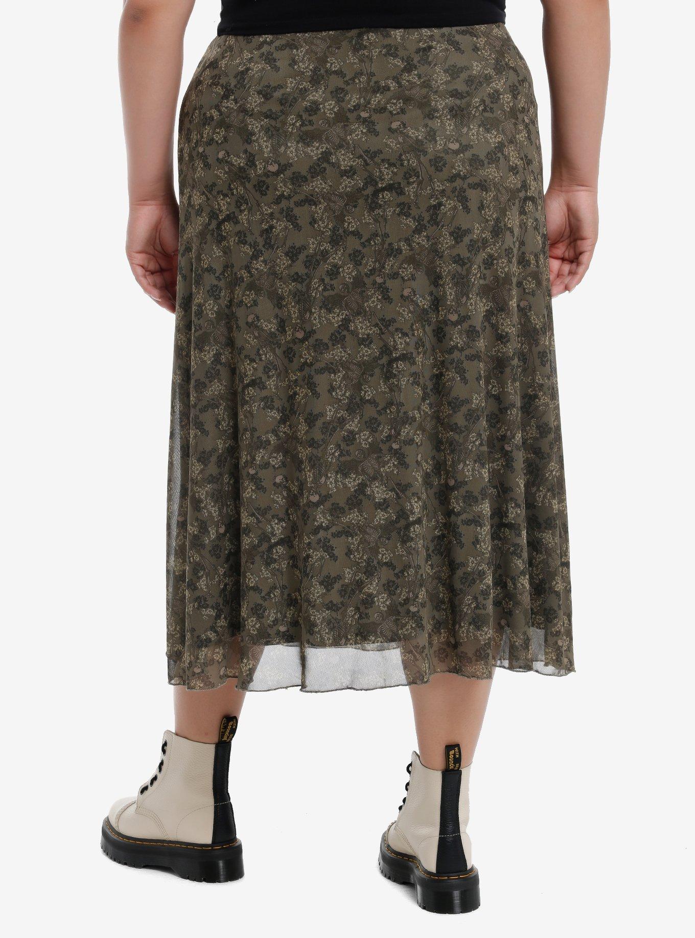 Social Collision Skeleton Flowers Green Mesh Midi Skirt Plus Size, , hi-res