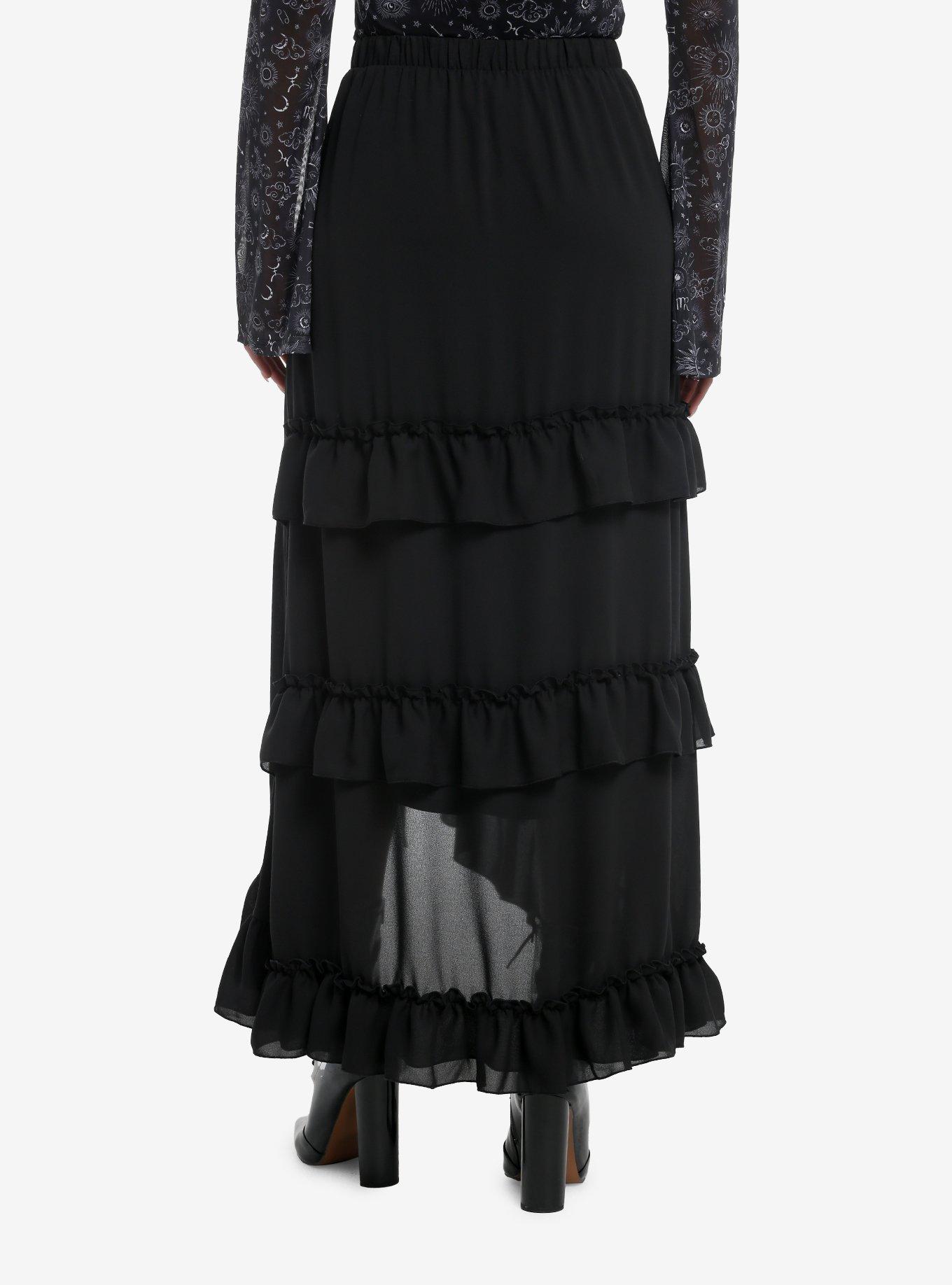 Cosmic Aura Black Tiered Ruffle Maxi Skirt, BLACK, alternate