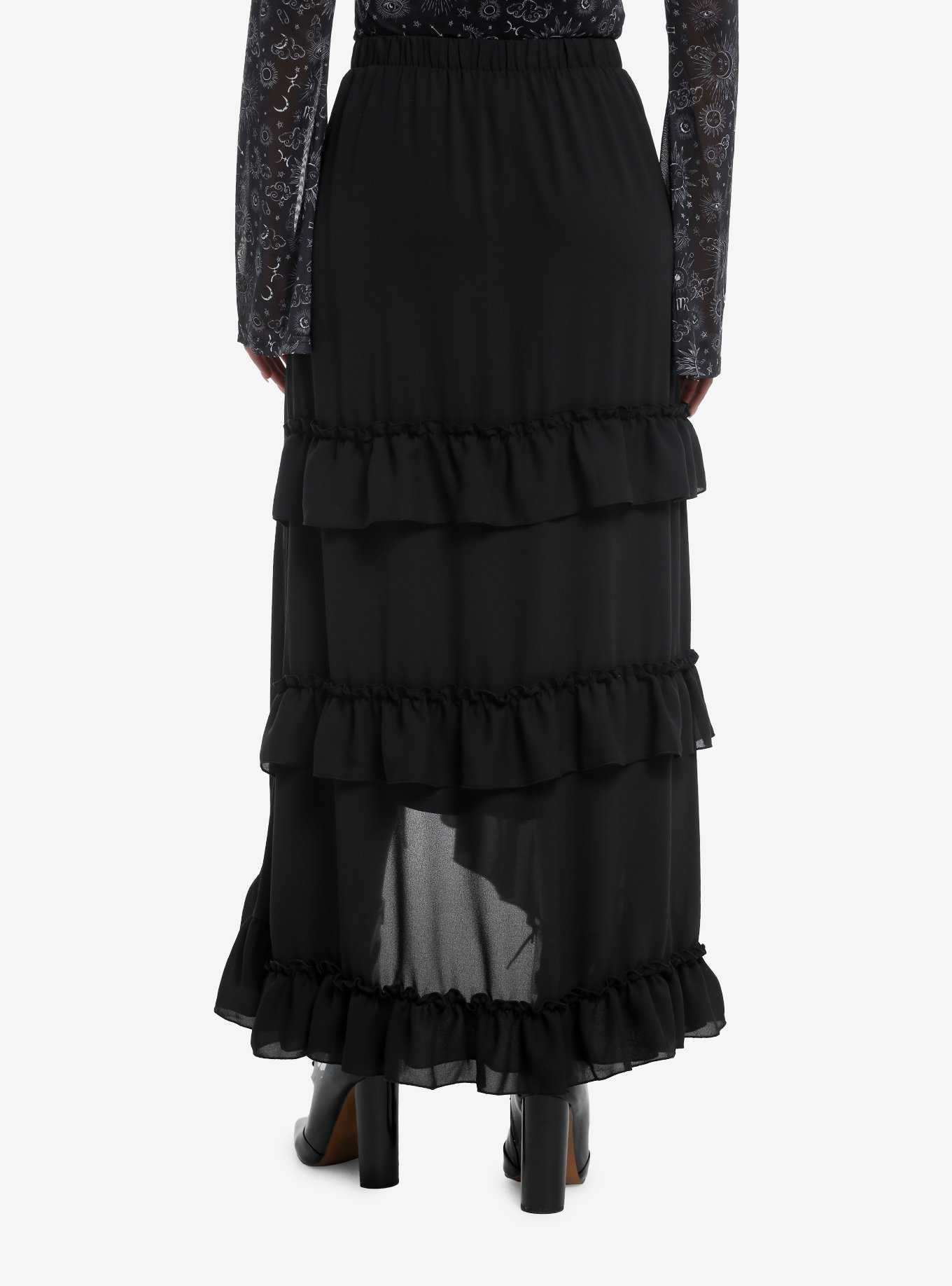Cosmic Aura Black Tiered Ruffle Maxi Skirt, , hi-res