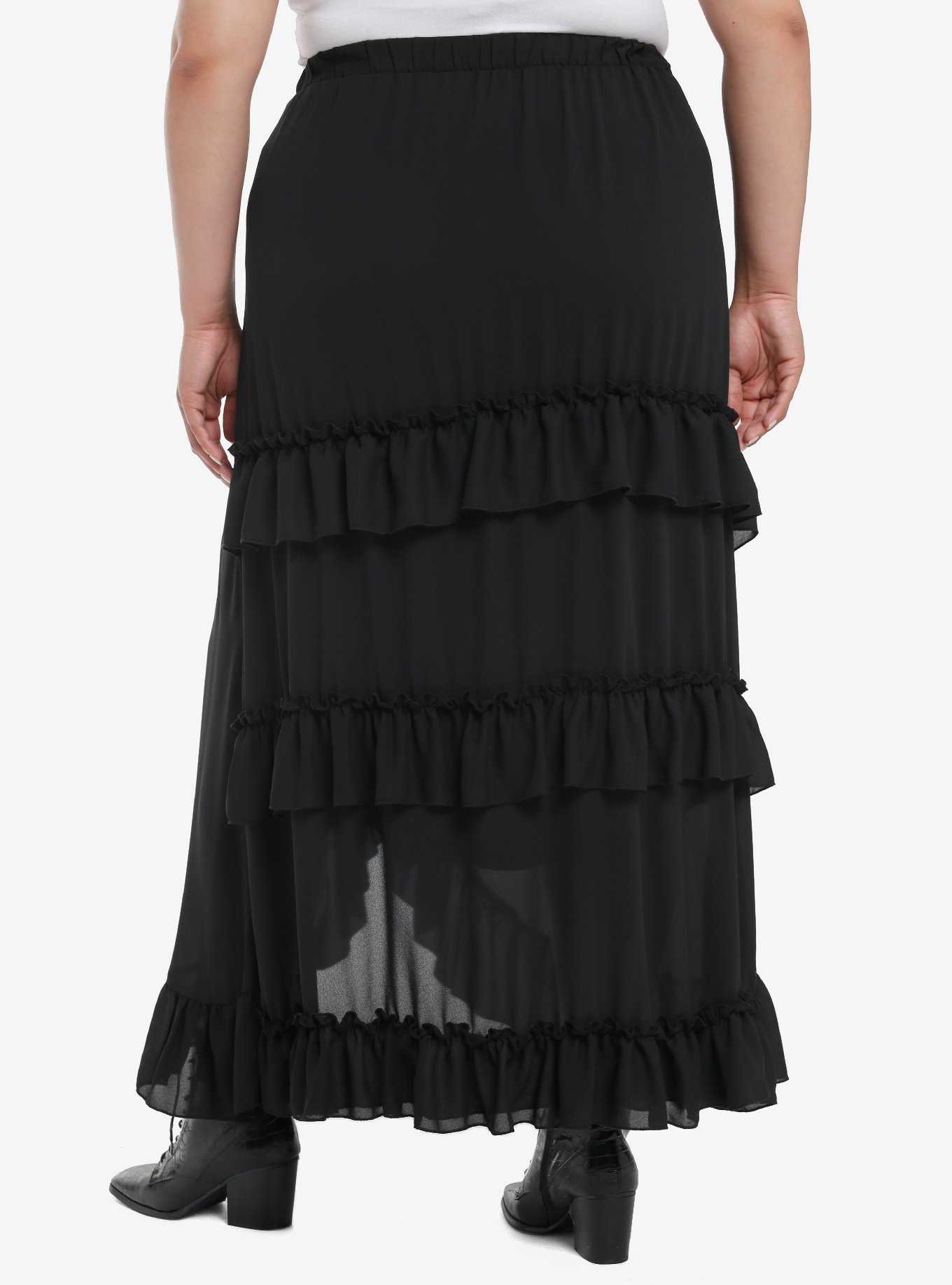 Cosmic Aura Black Tiered Ruffle Maxi Skirt Plus Size, , hi-res