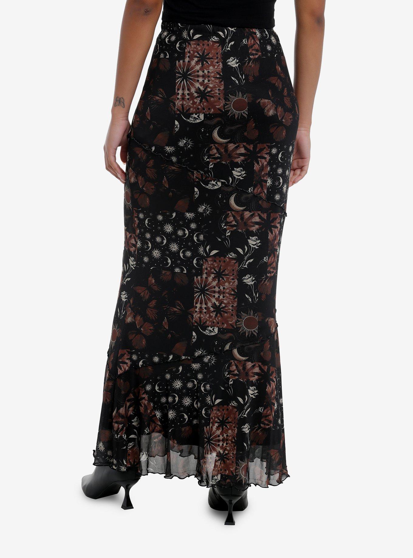 Cosmic Aura Brown & Black Celestial Patchwork Mermaid Maxi Skirt, , hi-res