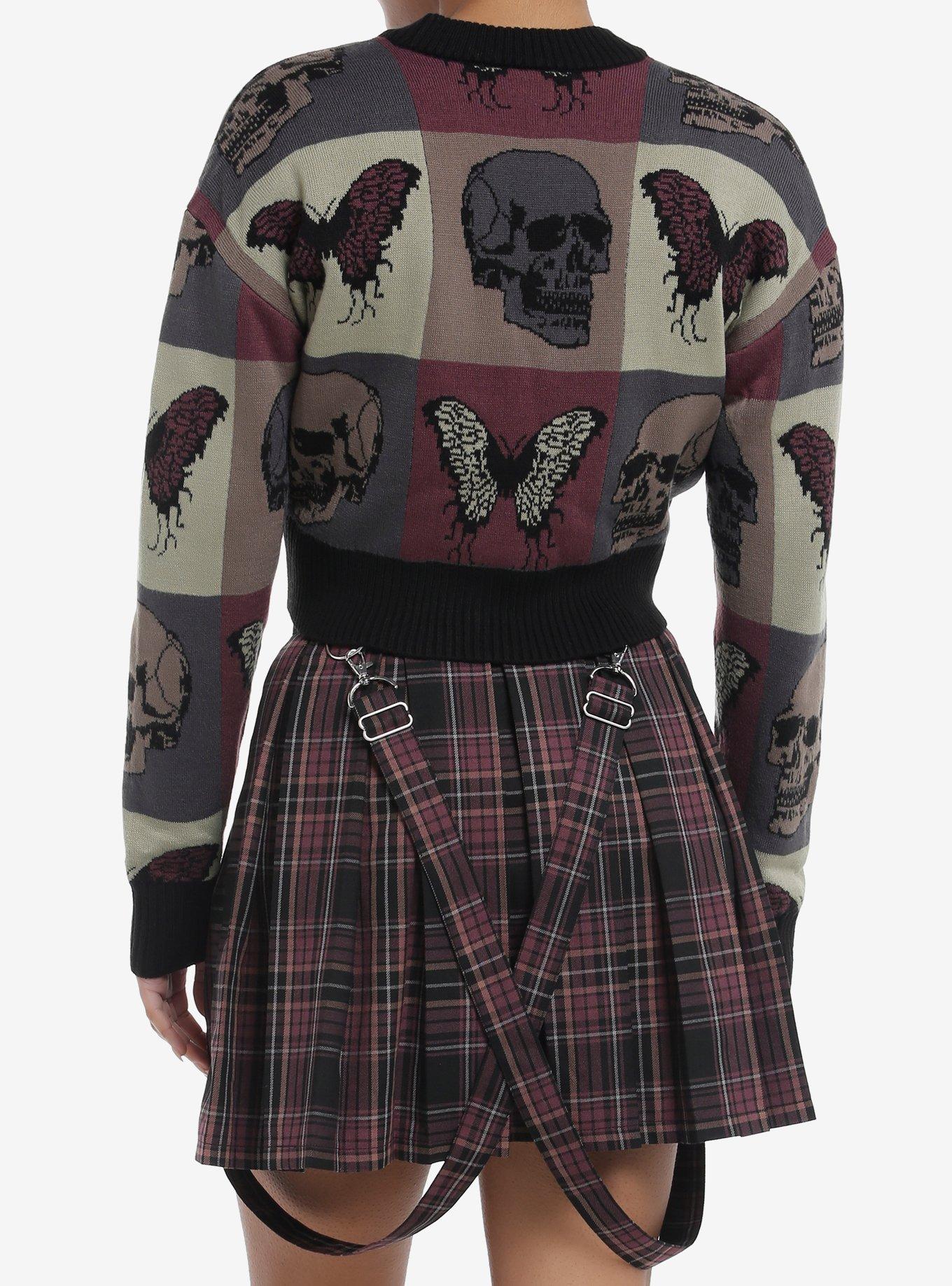 Social Collision Skull Butterfly Color-Block Girls Crop Cardigan, BLUE, alternate