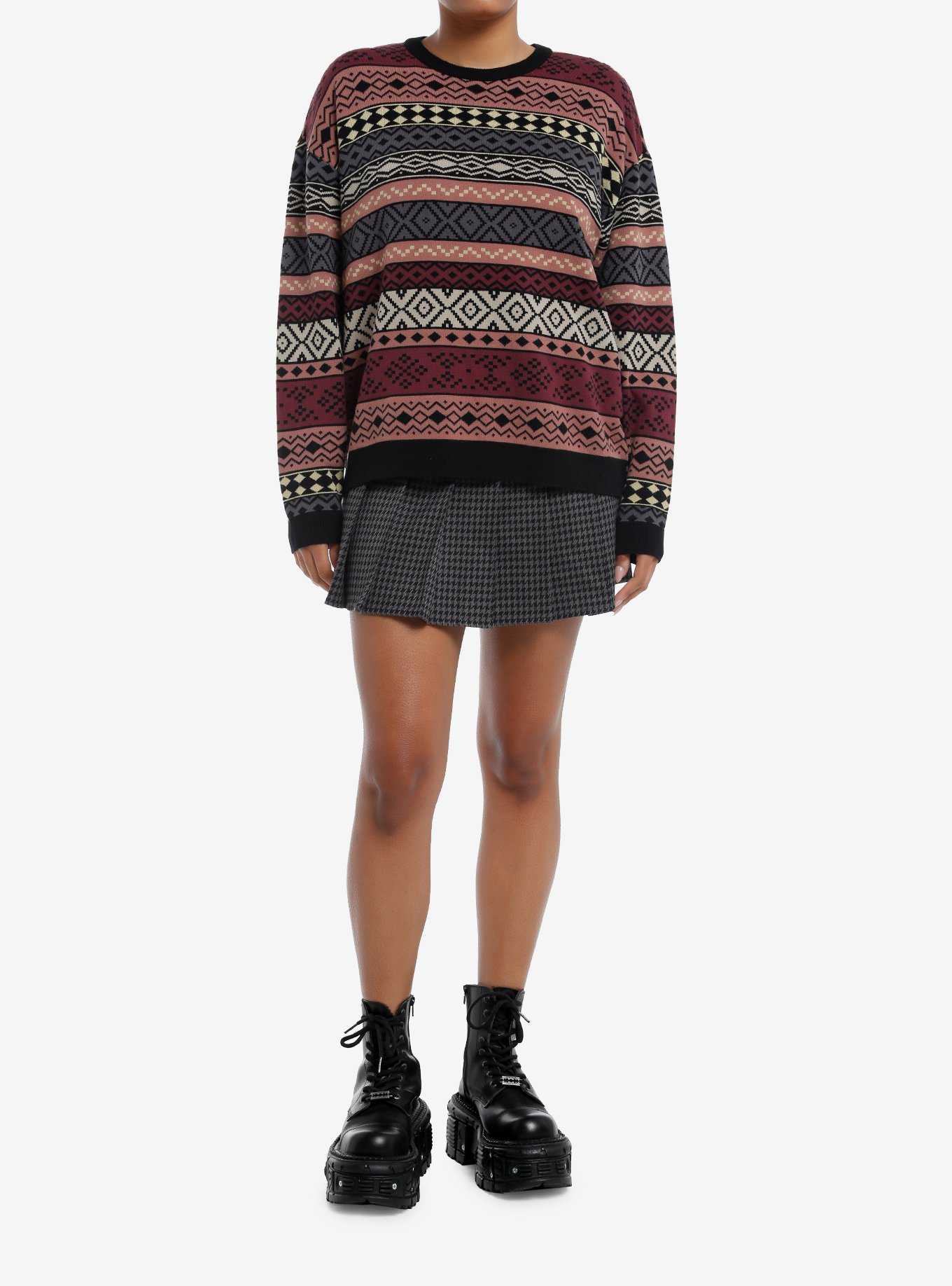 Social Collision Earth-Tone Pattern Stripe Girls Sweater, , hi-res