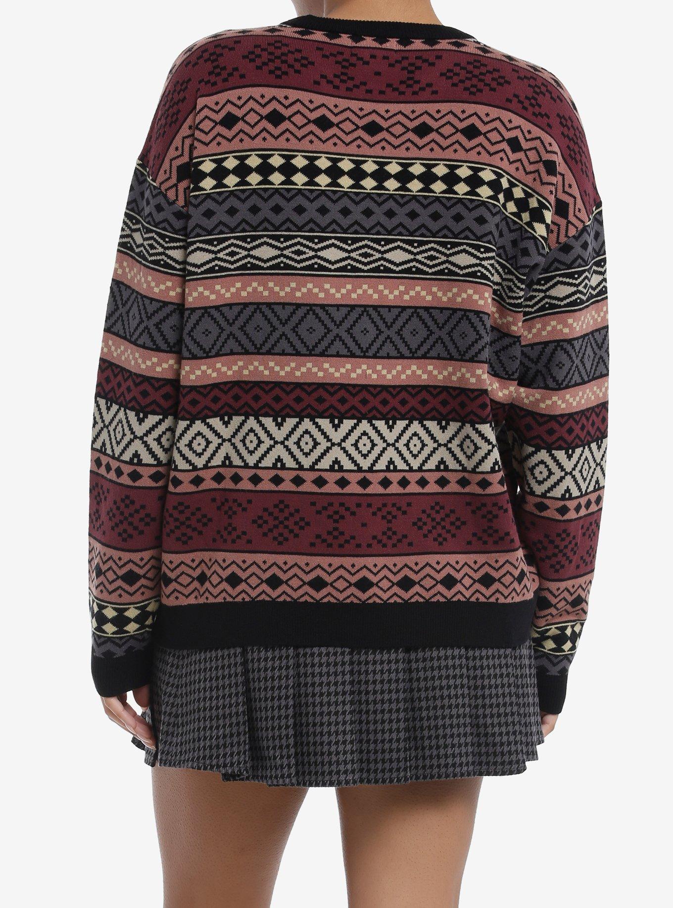 Social Collision Earth-Tone Pattern Stripe Girls Sweater, GREEN  PURPLE, alternate