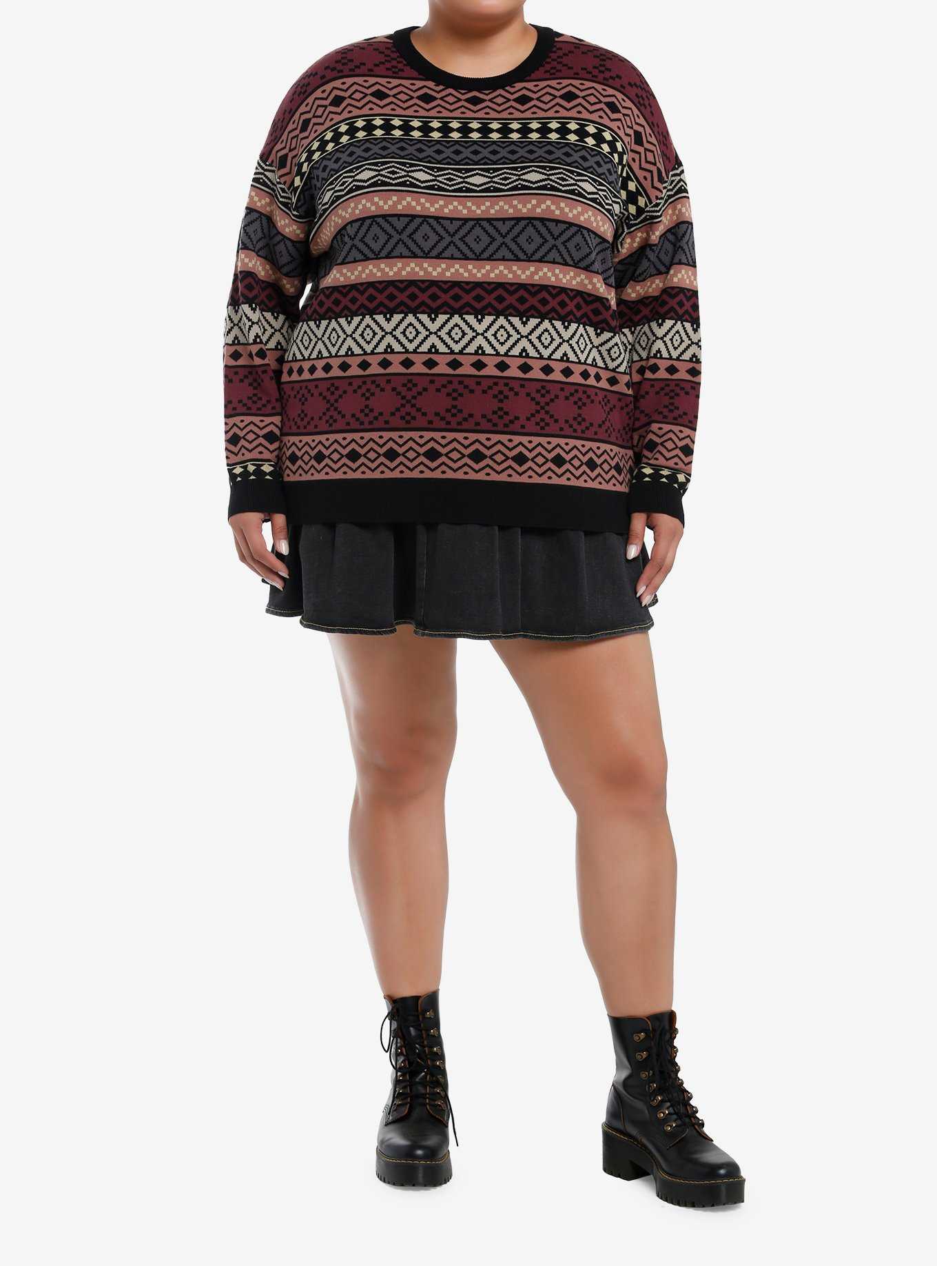 Social Collision Earth-Tone Tribal Stripe Girls Sweater Plus Size, , hi-res