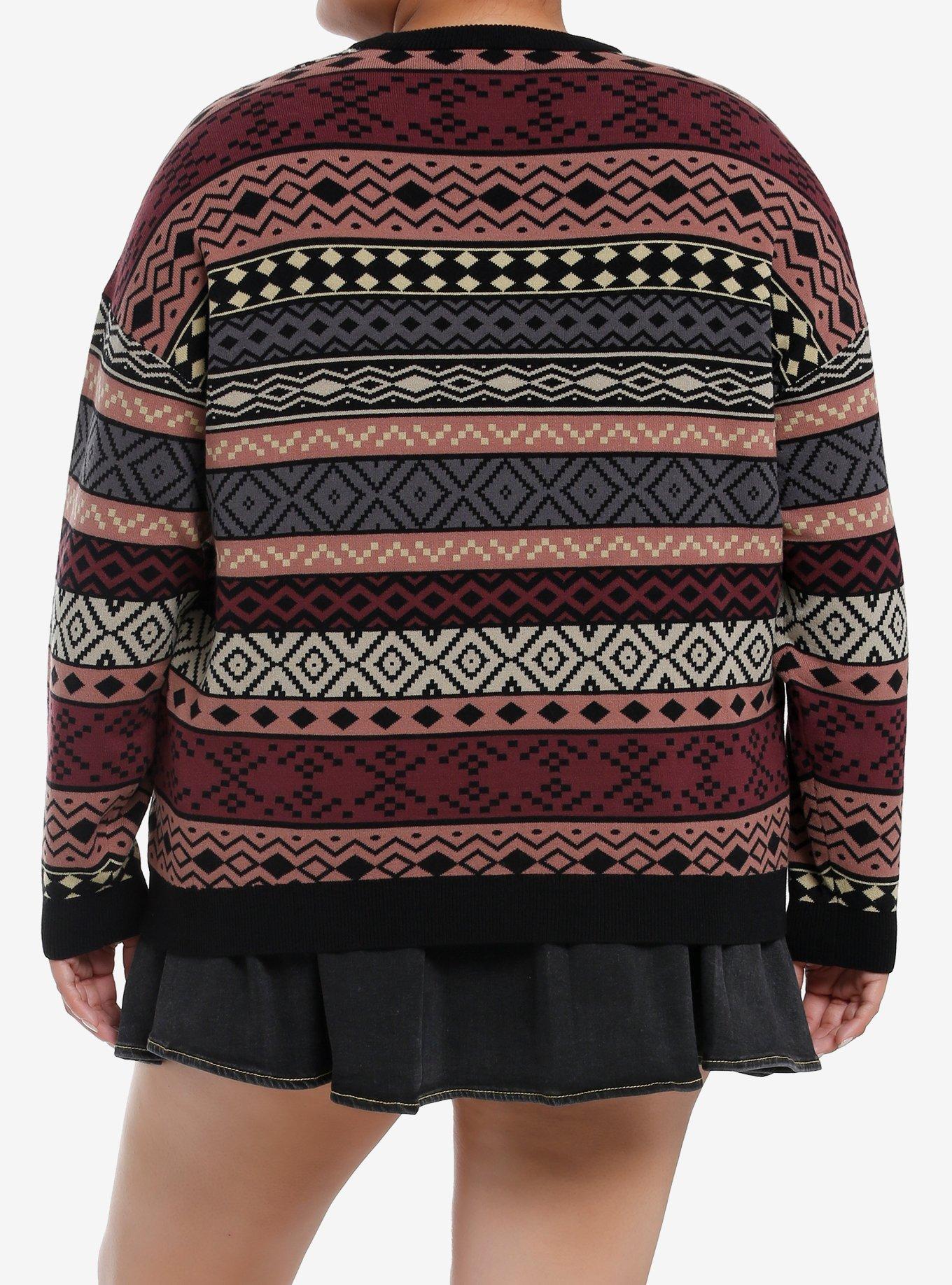 Social Collision Earth-Tone Pattern Stripe Girls Sweater Plus Size, GREEN  PURPLE, alternate
