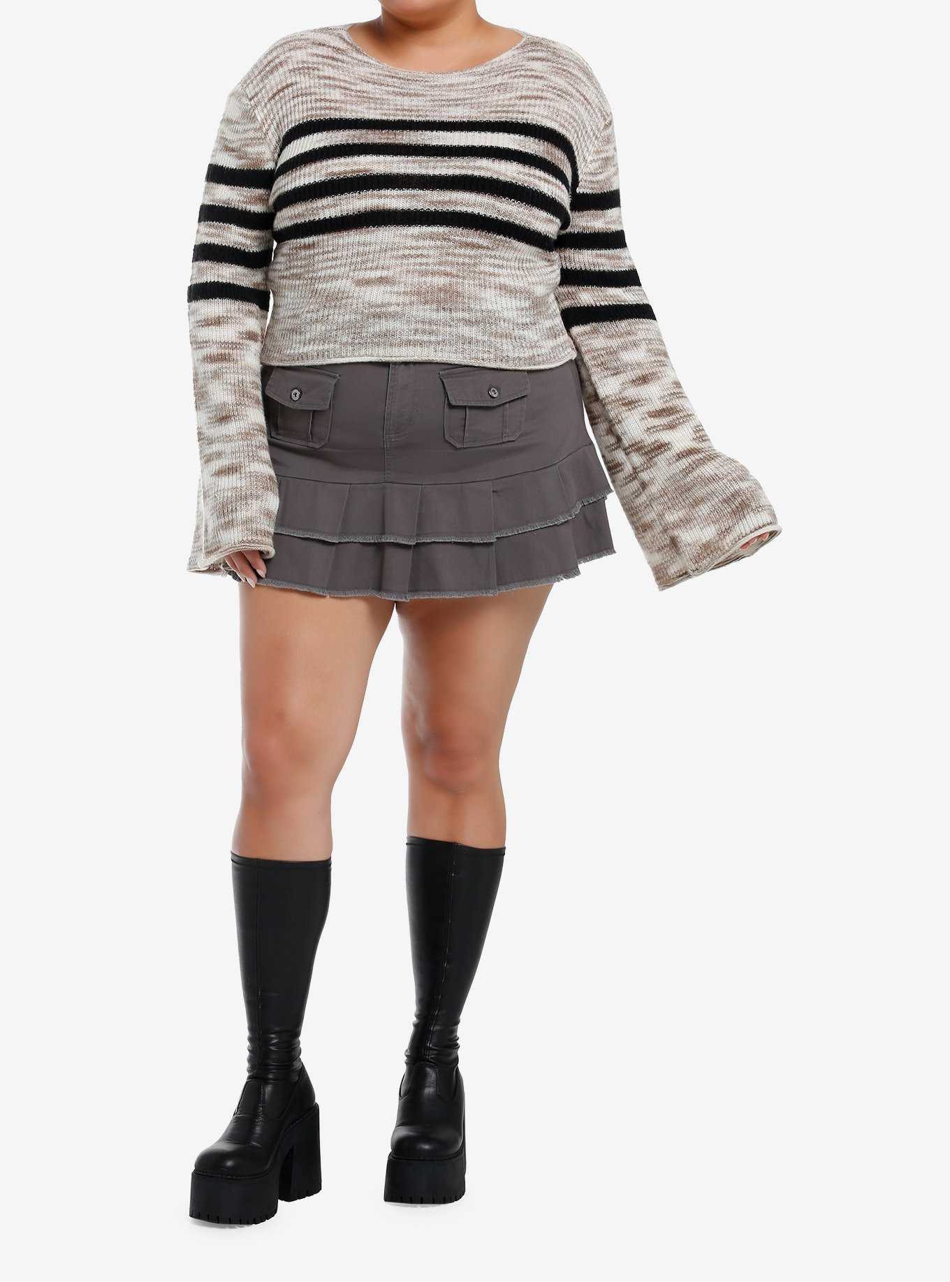 Social Collision Cream & Black Stripe Girls Crop Sweater Plus Size, , hi-res