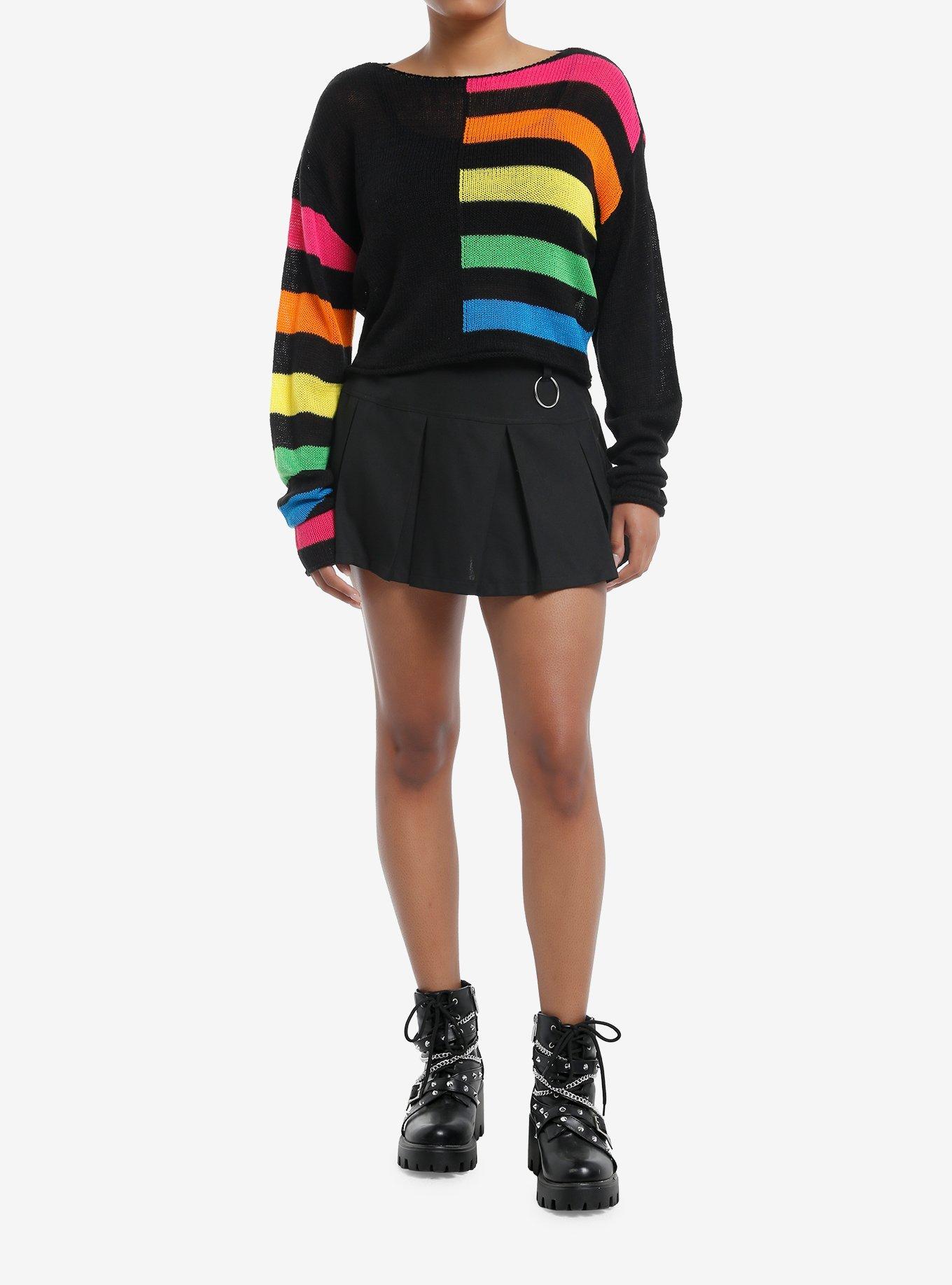 Social Collision Split Rainbow Boxy Knit Sweater, RAINBOW, alternate