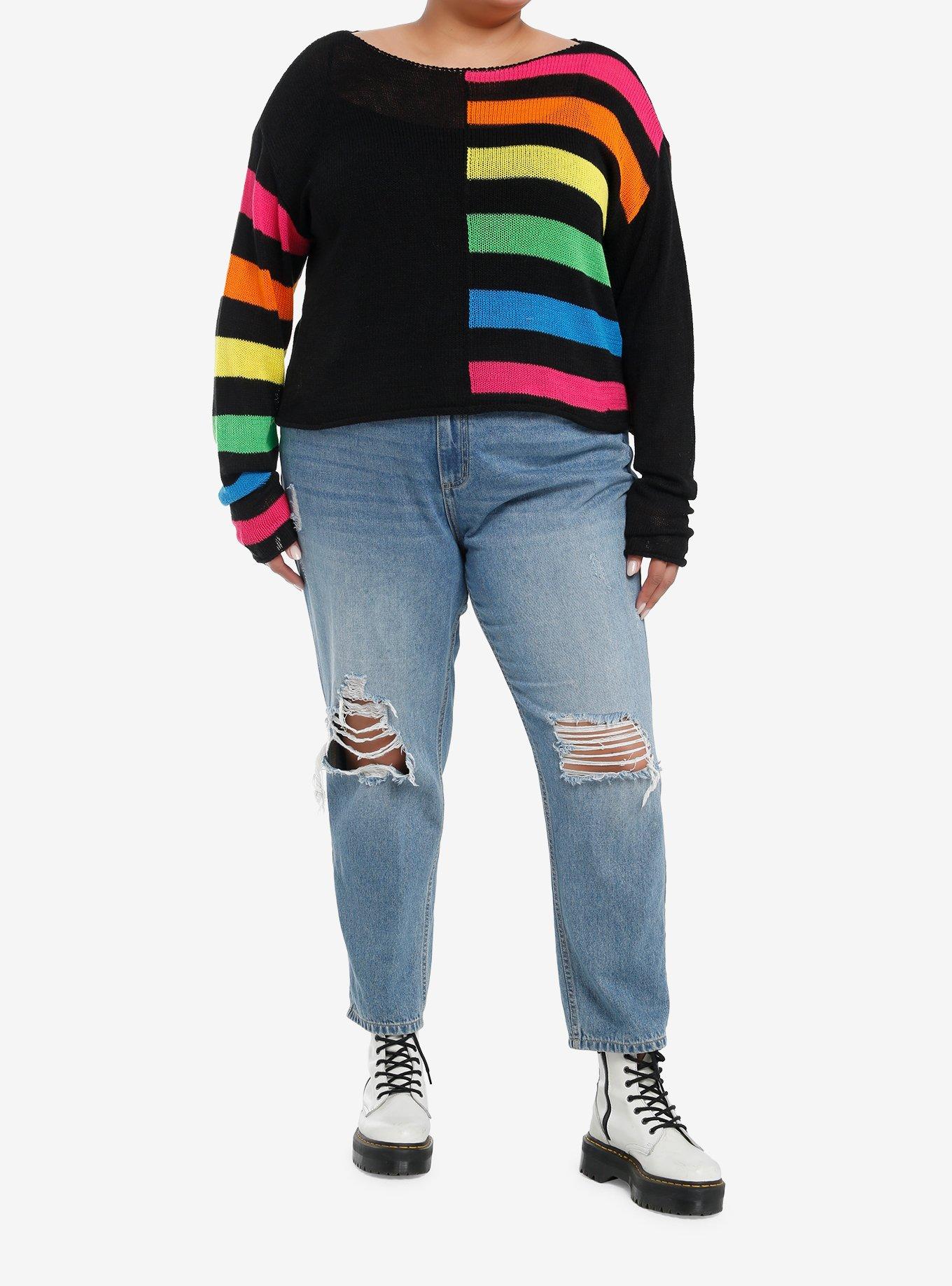 Social Collision Split Rainbow Boxy Knit Sweater Plus Size, RAINBOW, alternate